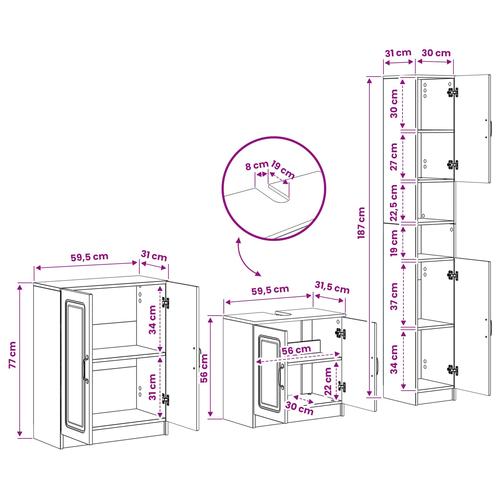 3 Piece Bathroom Cabinet Set UTRECHT White Engineered Wood