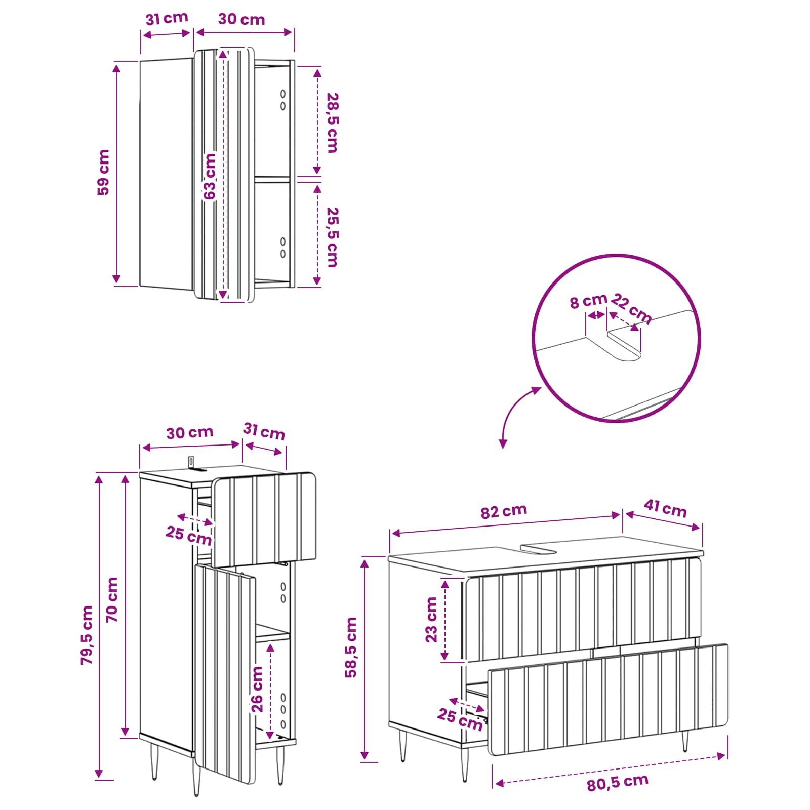 3 Piece Bathroom Cabinet Set ZWOLLE White Engineered Wood