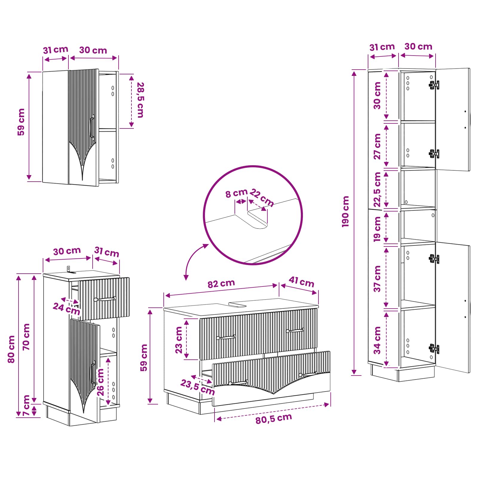 4 Piece Bathroom Cabinet Set HOORN White Engineered Wood