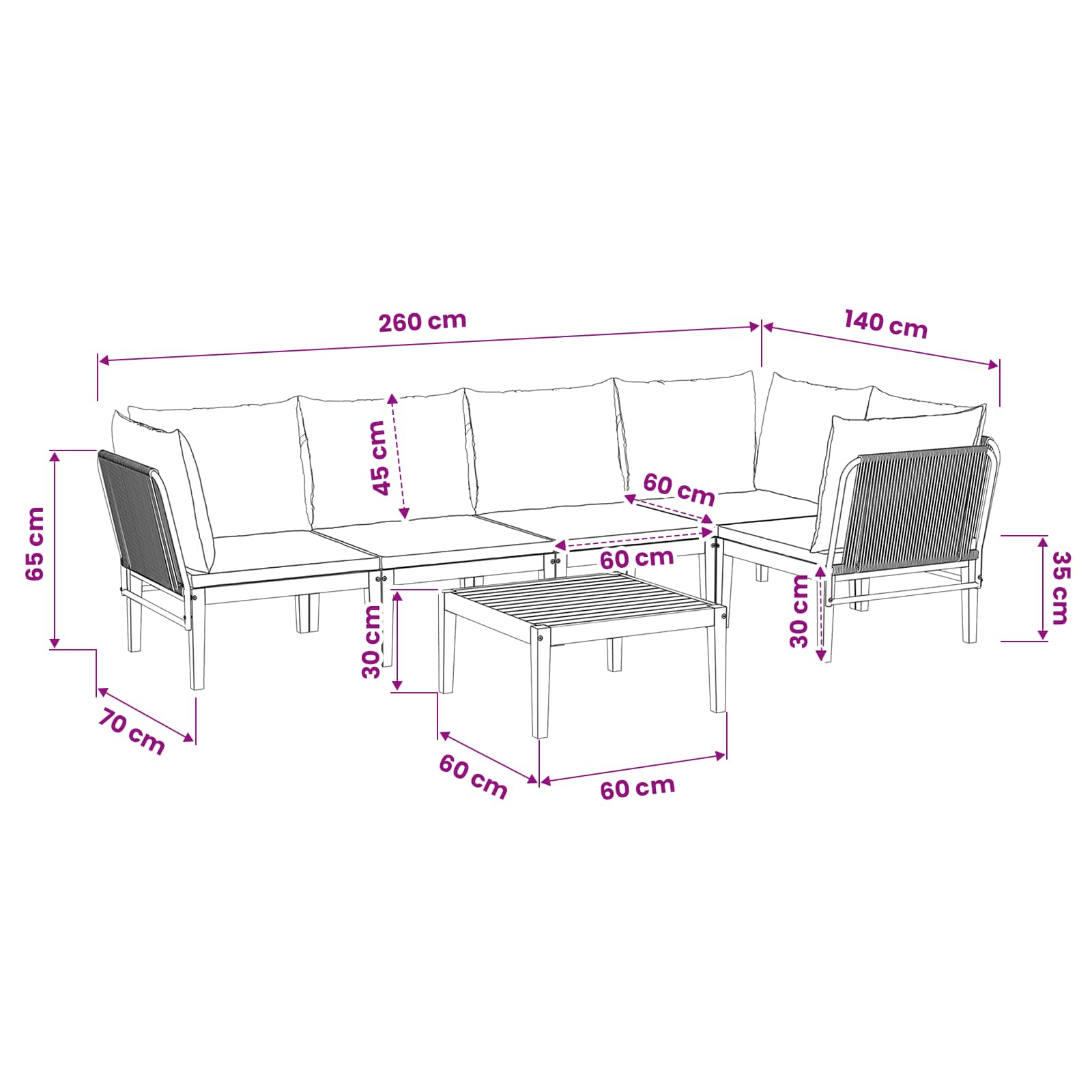 6 pcs Garden Lounge Set Solid Acacia Wood & Rope Natural