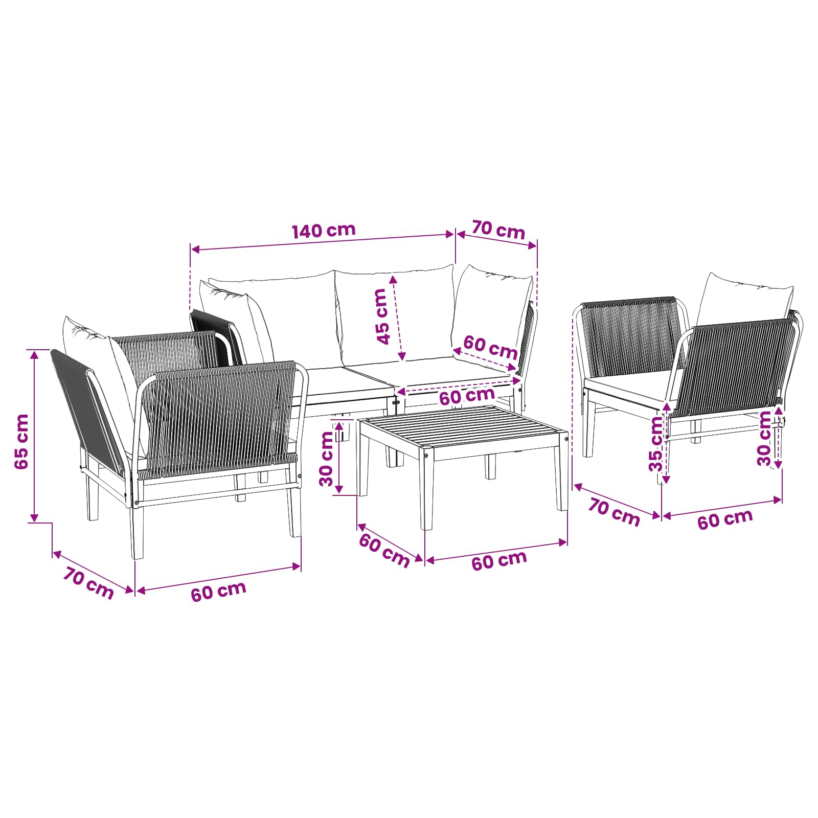 5 pcs Garden Lounge Set Solid Acacia Wood & Rope Natural