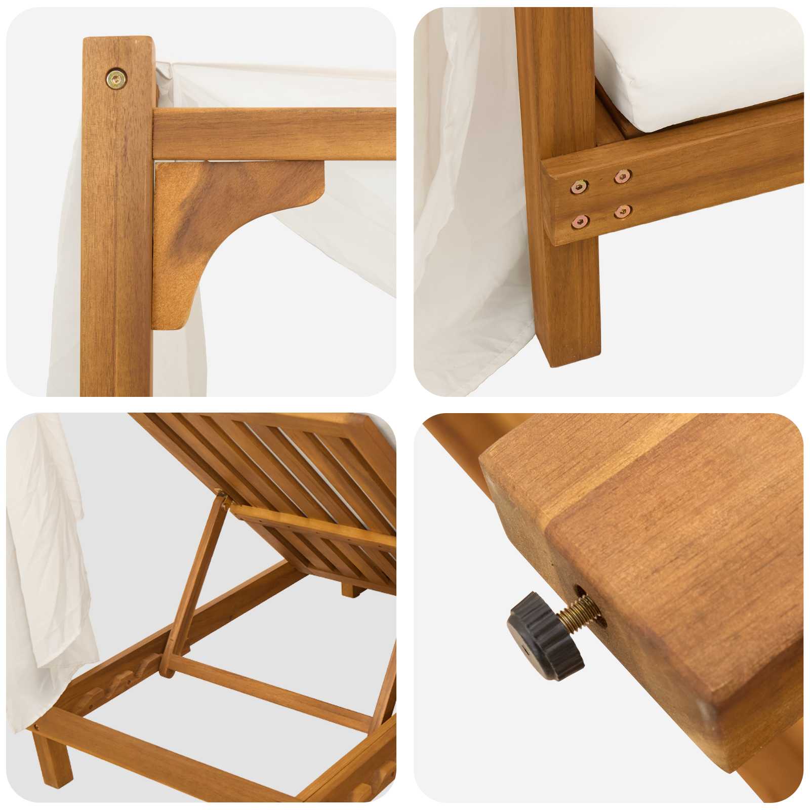 Double sun lounger with canopy and curtains Solid Acacia Wood