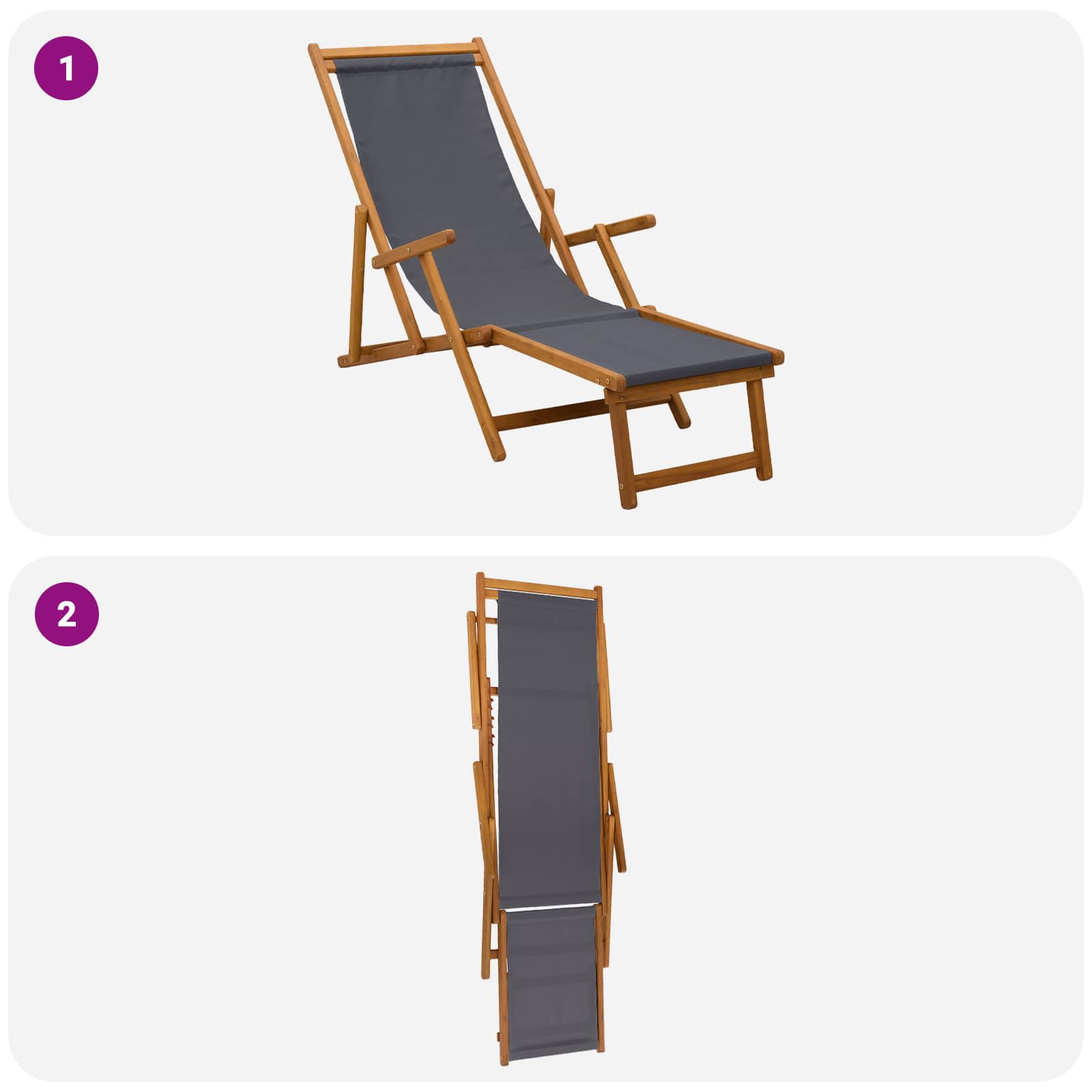 Folding Sun Lounger 2 pcs 3 Position Solid Eucalyptus Wood Grey