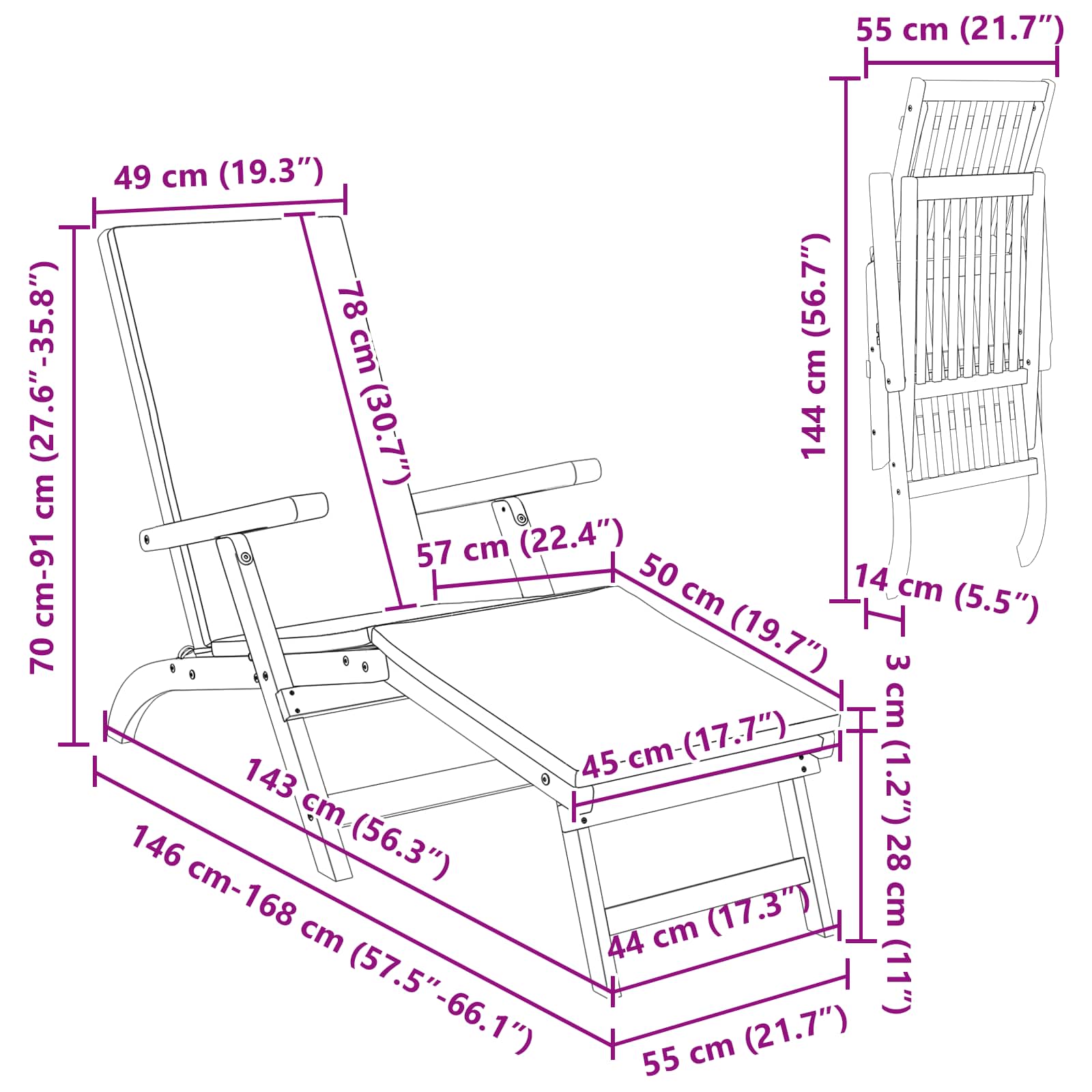 Reclining and Folding Sunlounger Solid Acacia Wood