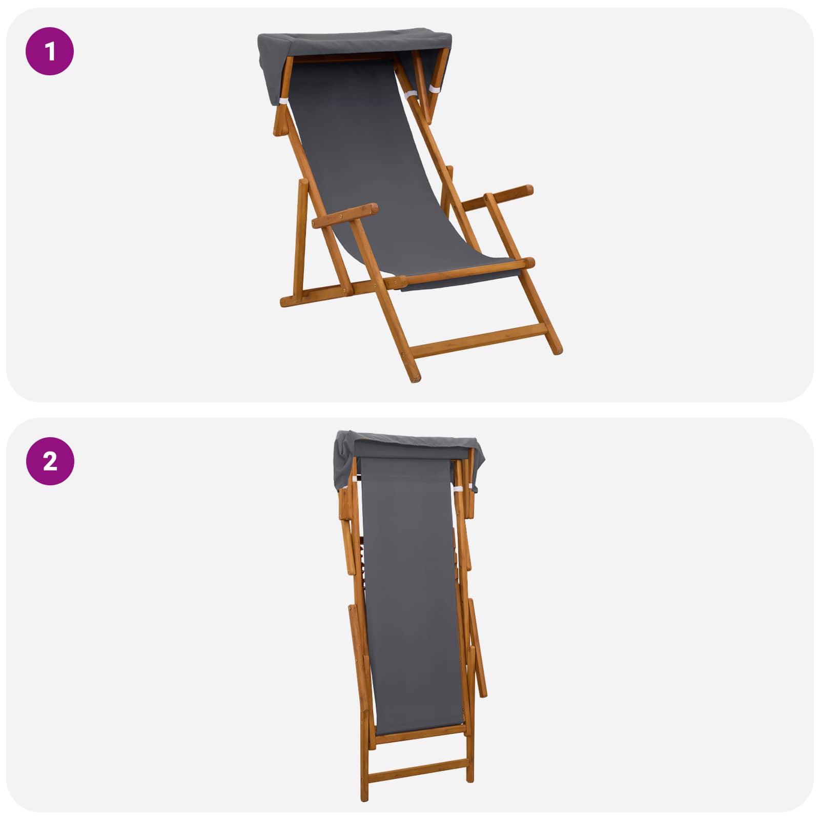 Deck Chair 3 Position Solid Eucalyptus Wood Grey