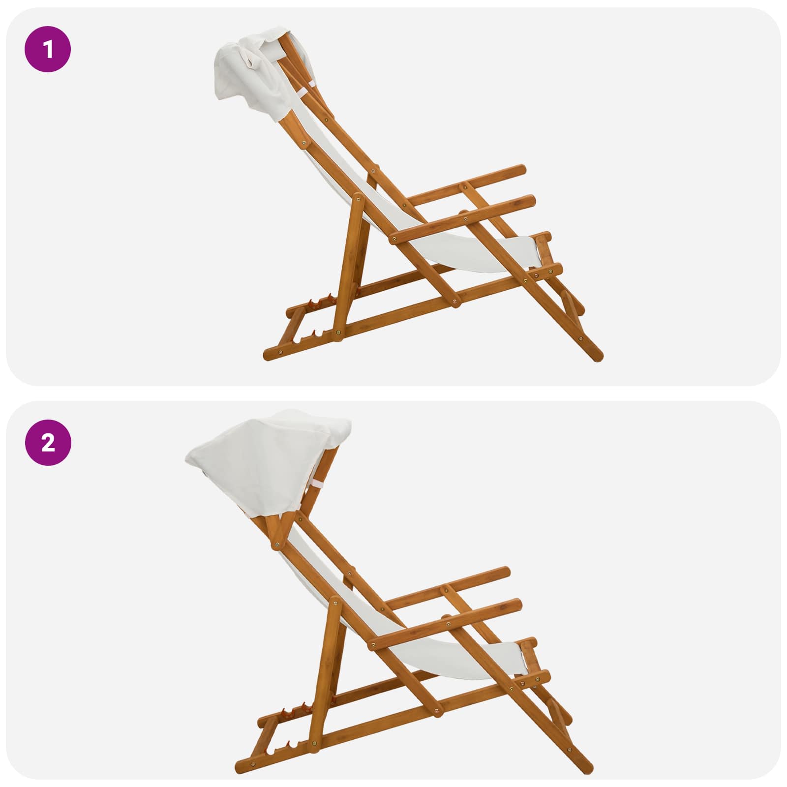 Deck Chair 3 Position Solid Eucalyptus Wood Cream