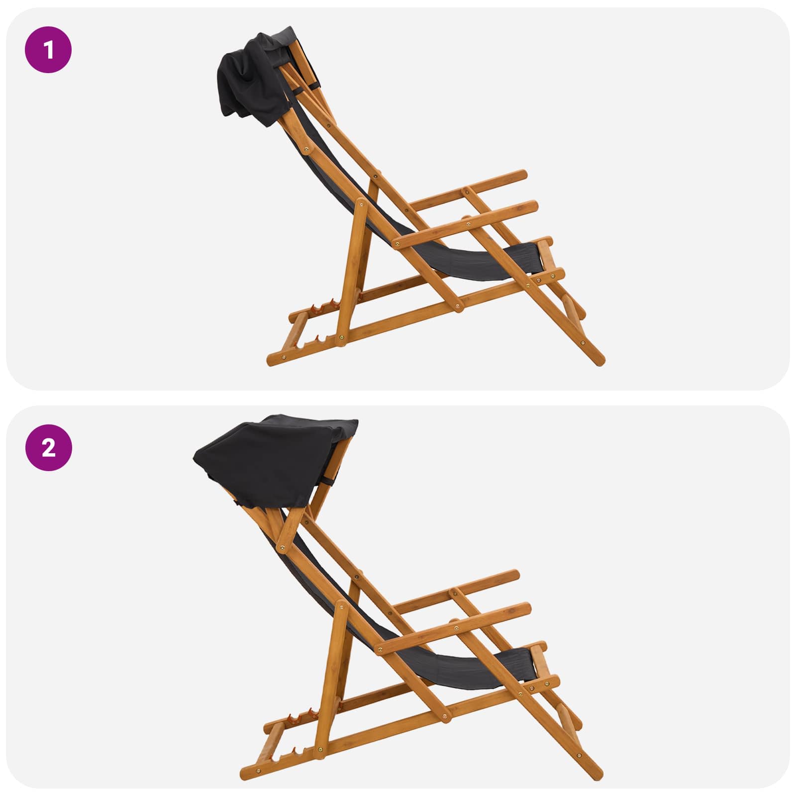 Deck Chair 3 Position Solid Eucalyptus Wood Black