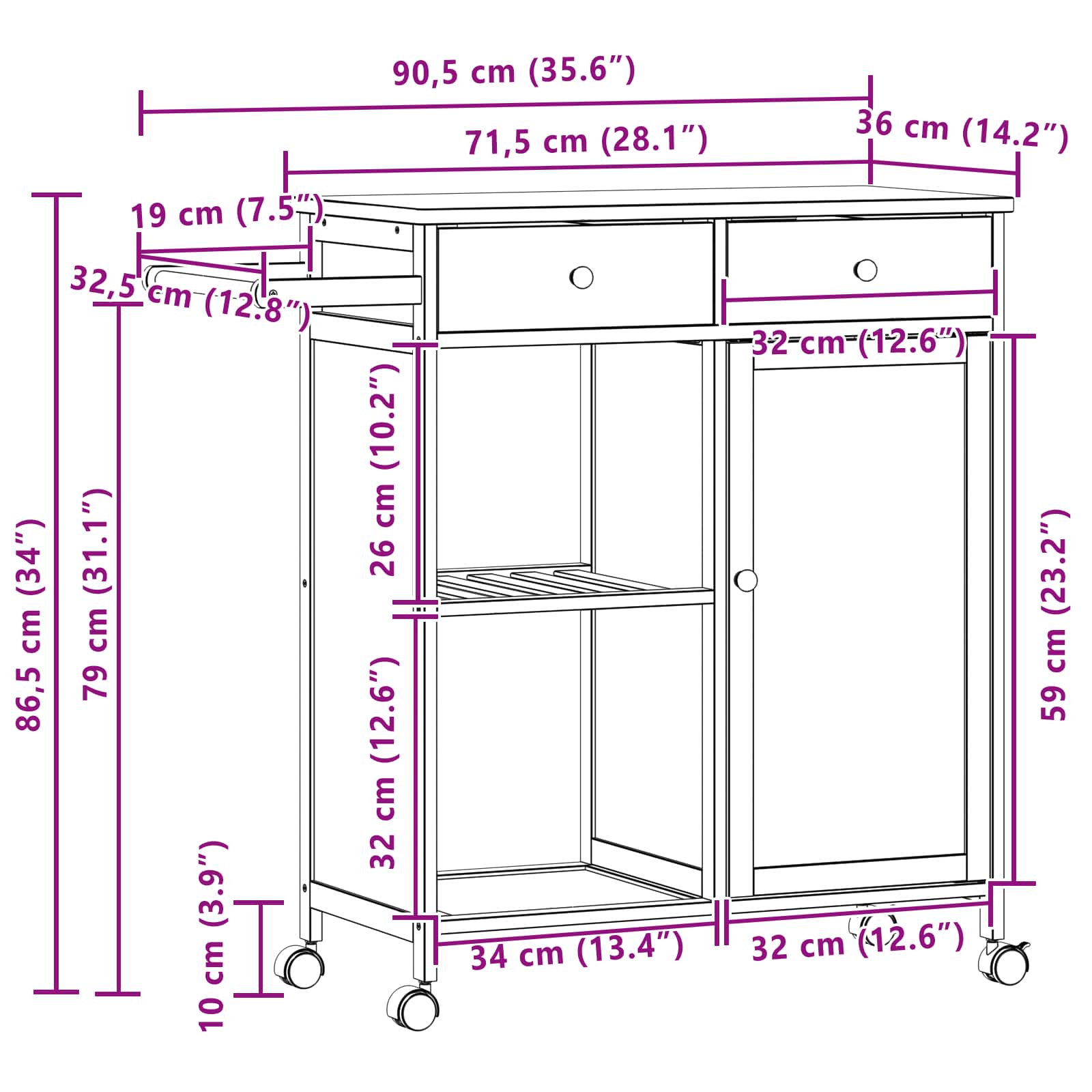 Kitchen Trolley with Wheels Natural 90.5 x 36 x 86.5 cm Bamboo