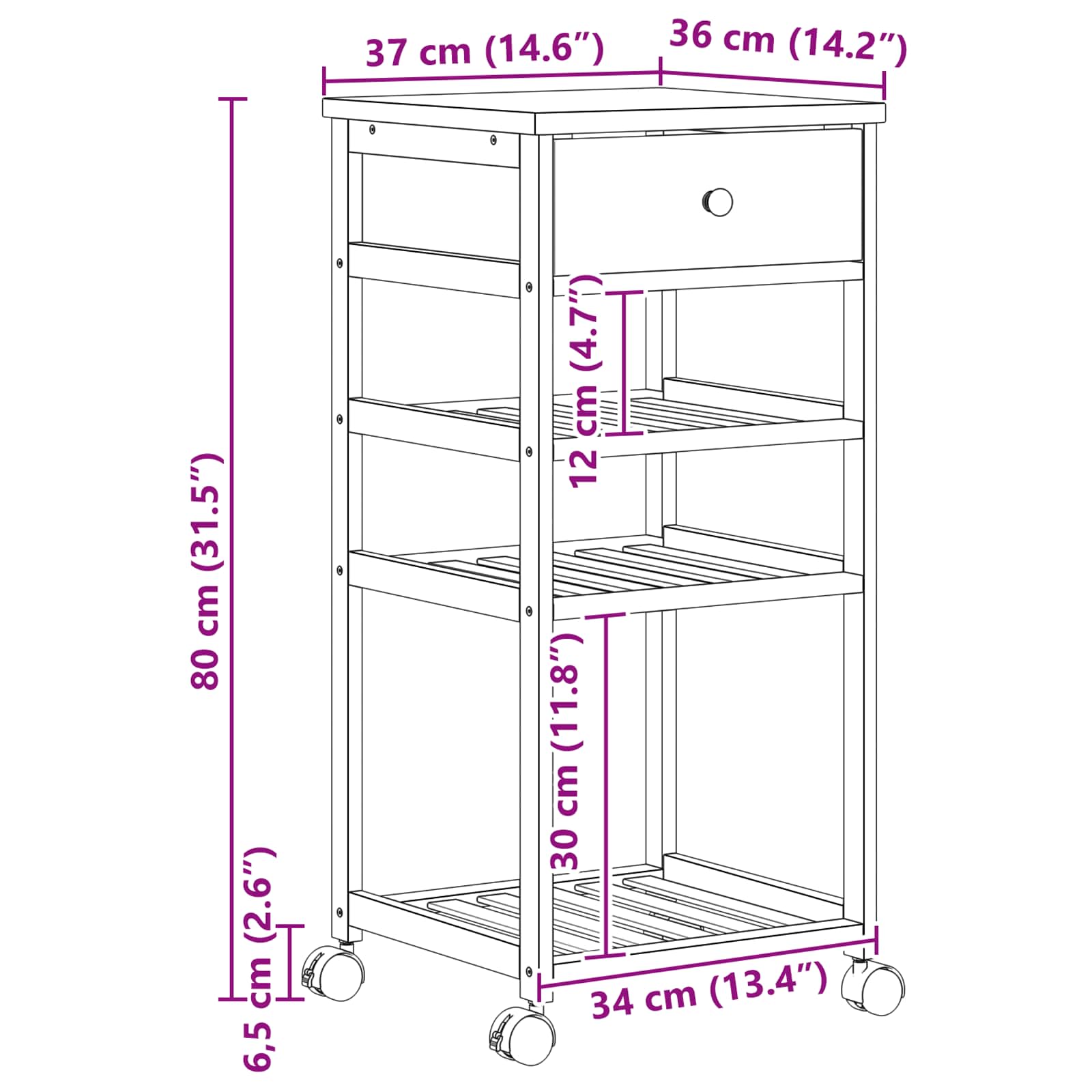 Kitchen Trolley with Wheels Natural 37 x 36 x 80 cm Bamboo