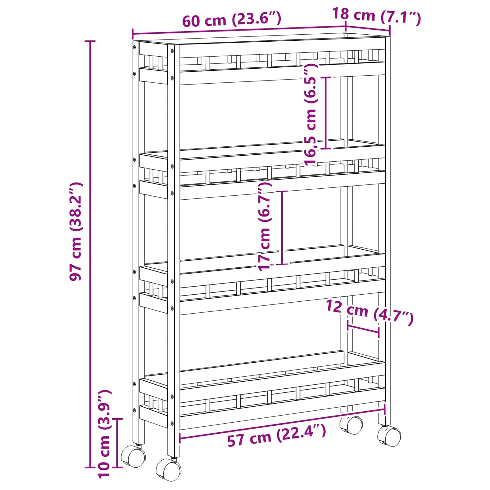 Kitchen Trolley with Wheels Natural 60 x 18 x 97 cm Bamboo