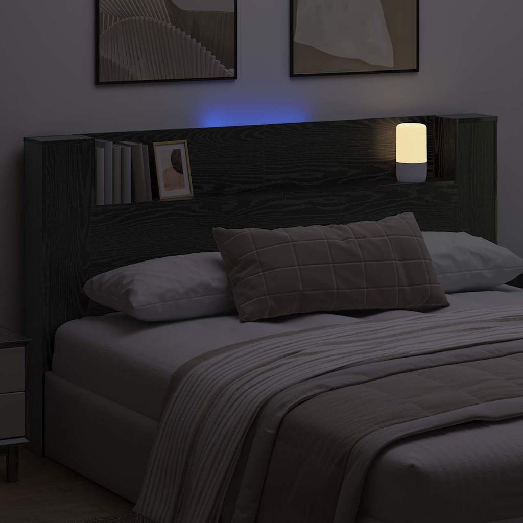 Storage Headboard with LED Black Oak Engineered Wood