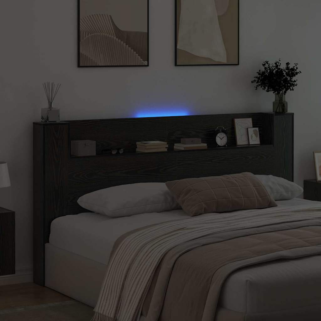 Storage Headboard with LED Black Oak Engineered Wood