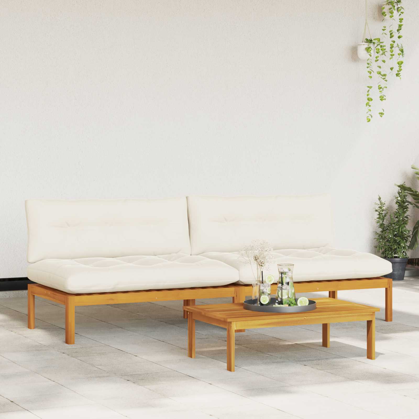 Middle Sofa Unit 2 Piece Natural and Cream White Acacia Wood