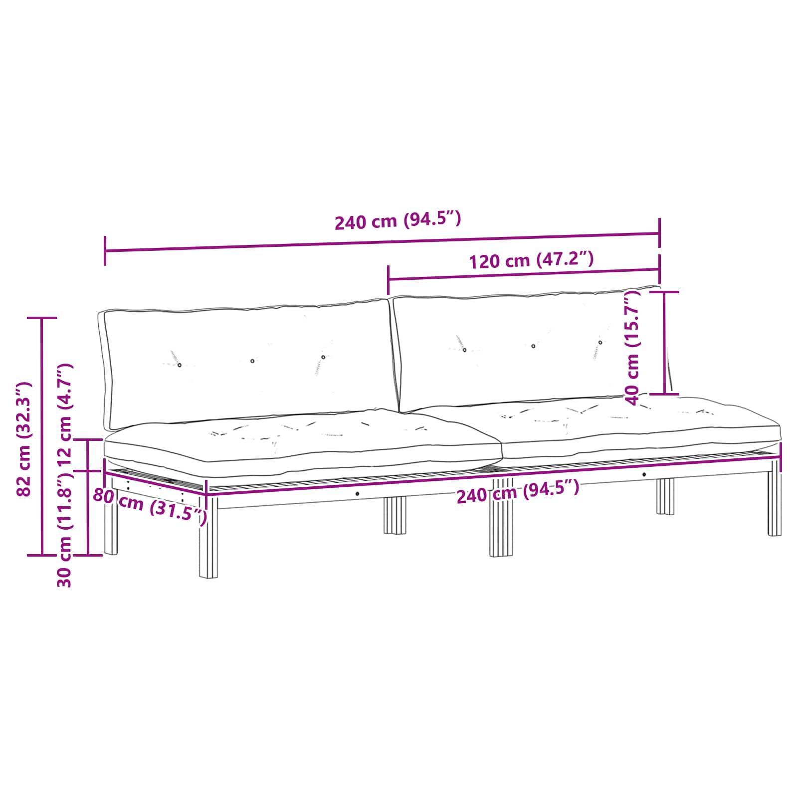 Middle Sofa Unit Light Acacia and Dark Grey 240 x 80 x 82 cm