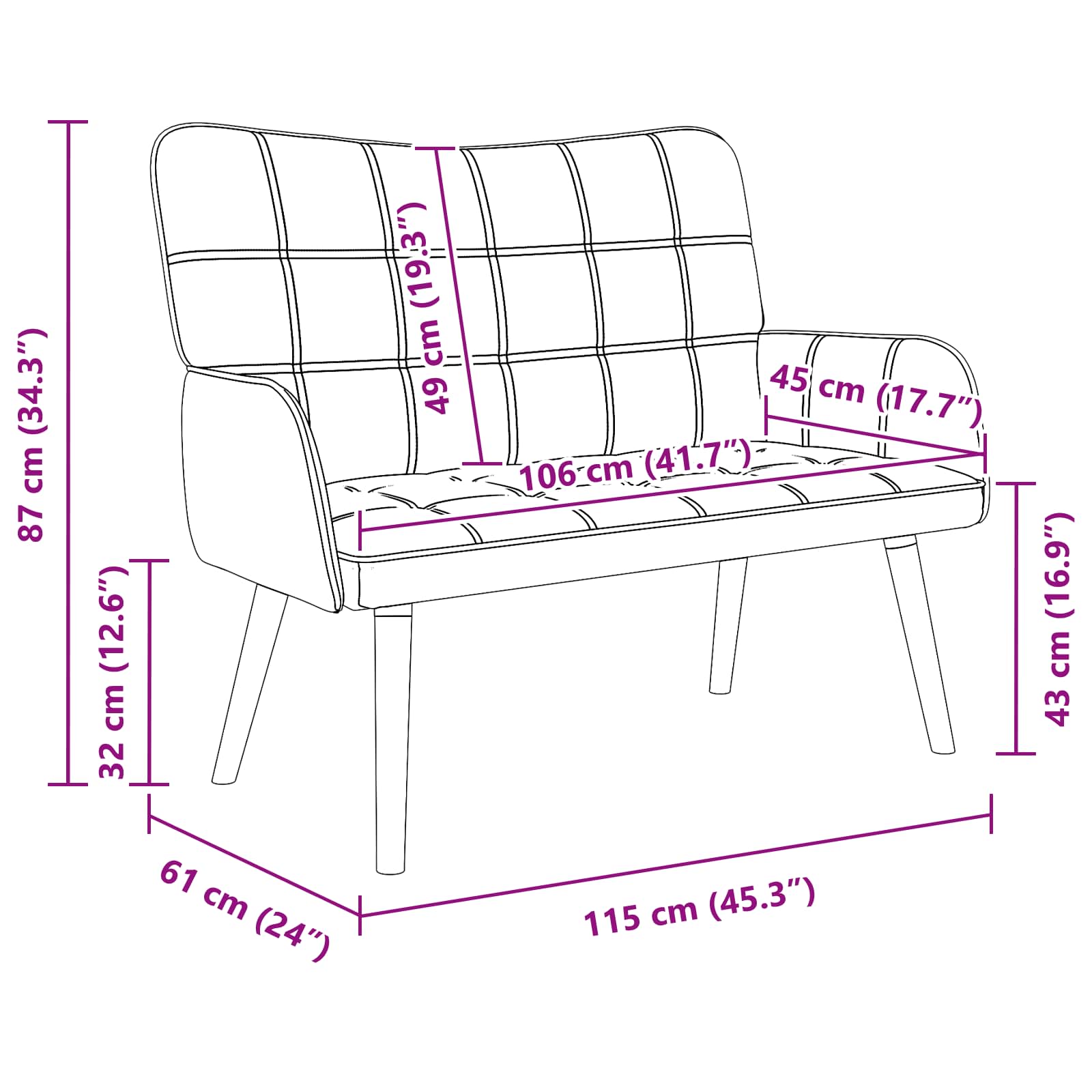 2-Seater Sofa Dark Grey 115 x 61 x 87 cm Fabric