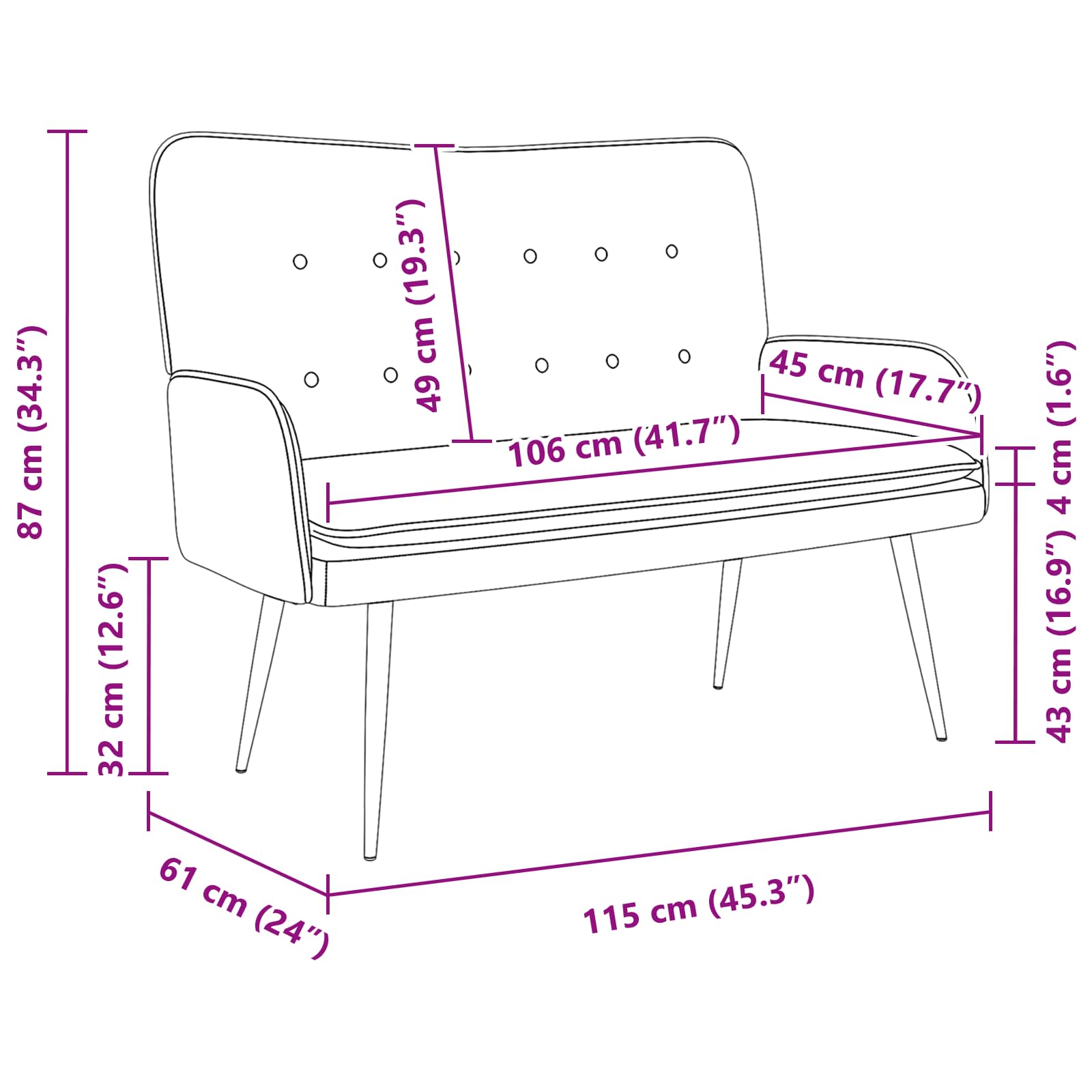 2-Seater Sofa Dark Grey 115 x 61 x 87 cm Fabric