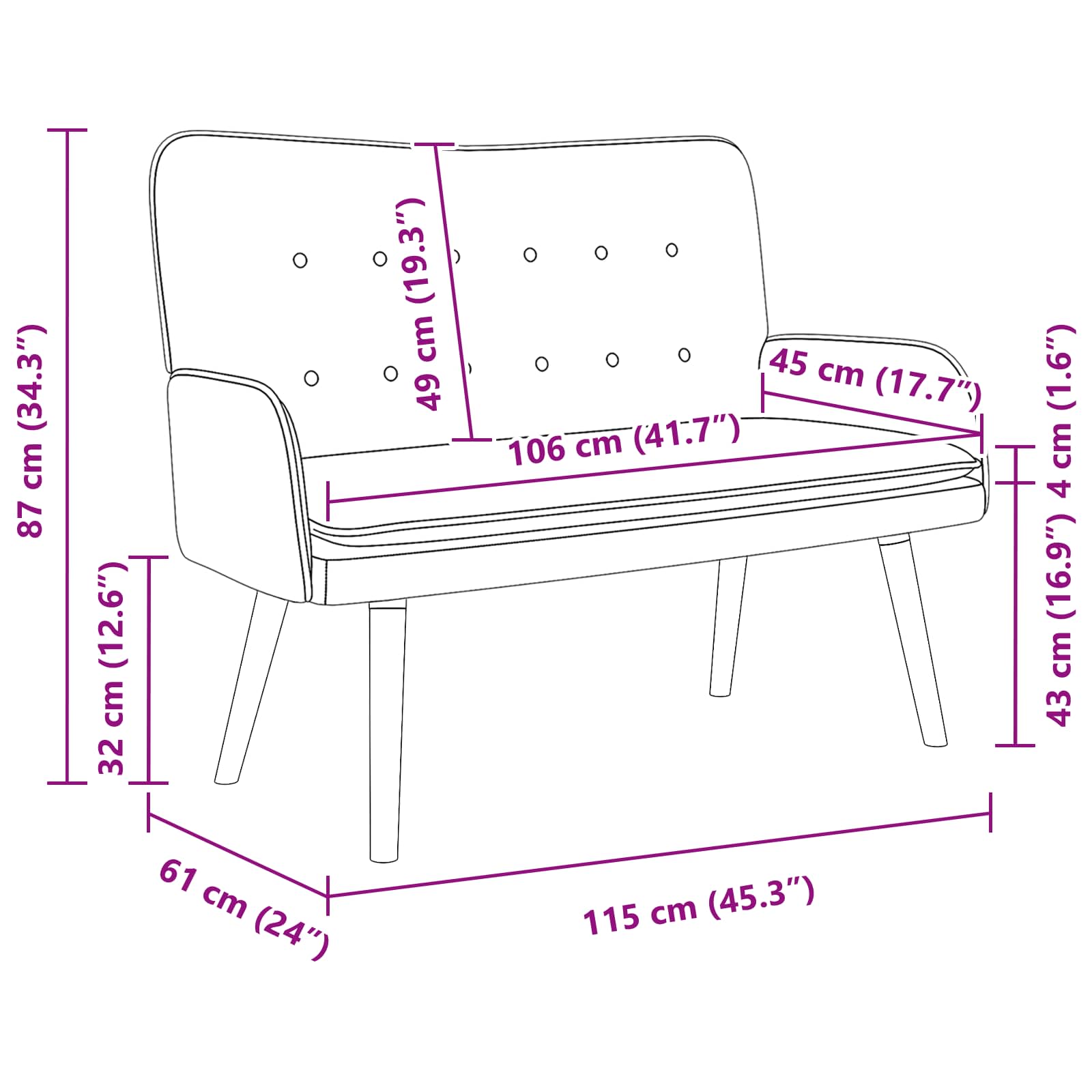 2-Seater Sofa Black 115 x 61 x 87 cm Velvet