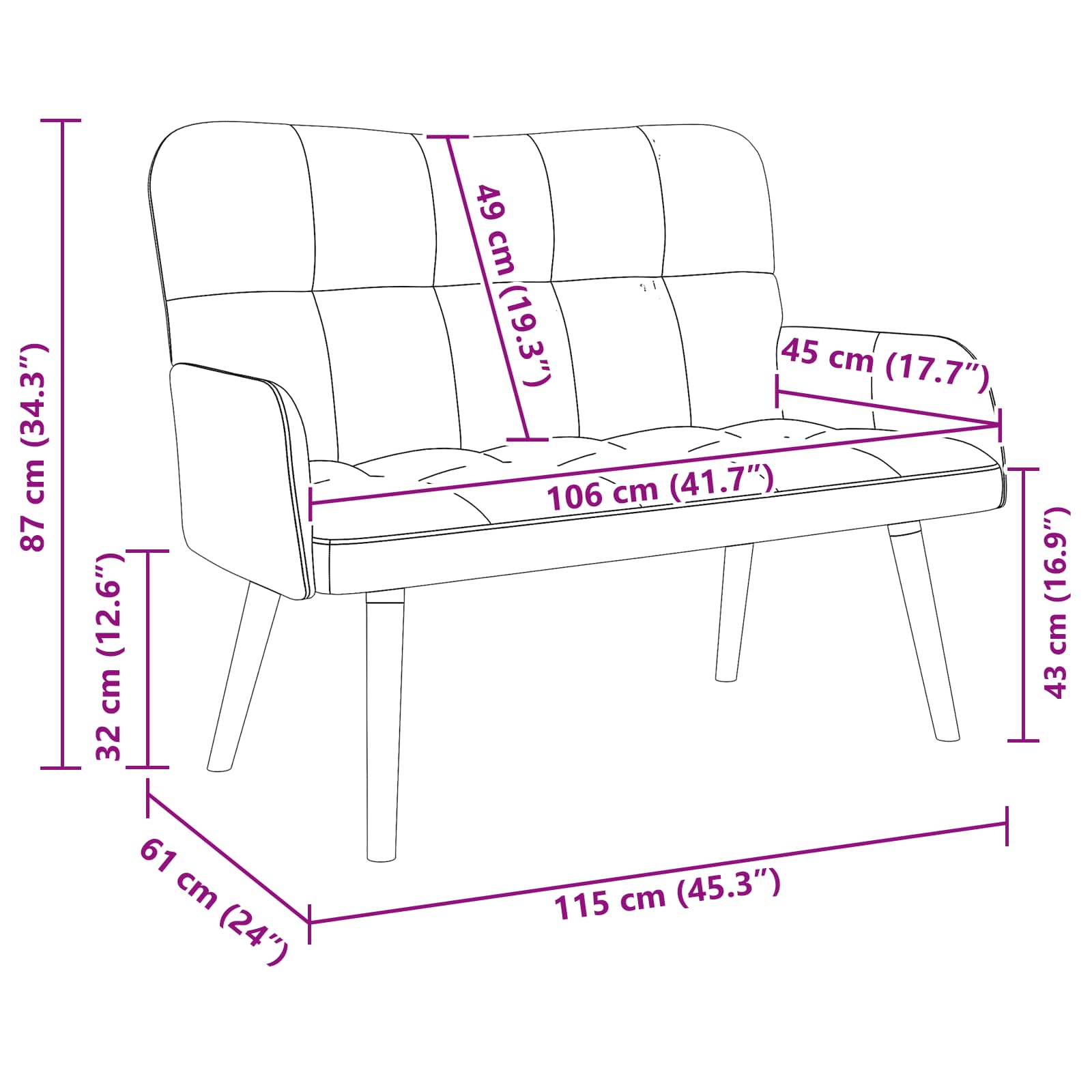 2-Seater Sofa Black 115 x 61 x 87 cm Velvet