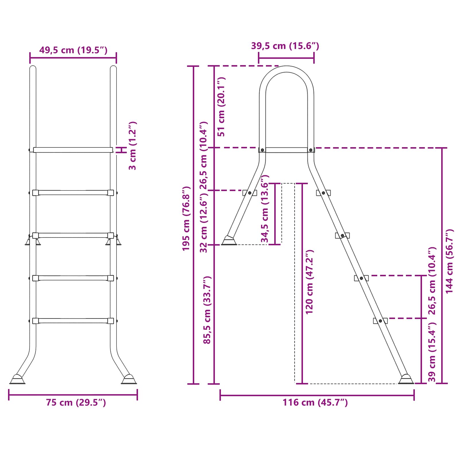 Partially in-ground pool ladder 195 x 116 cm 4-Step
