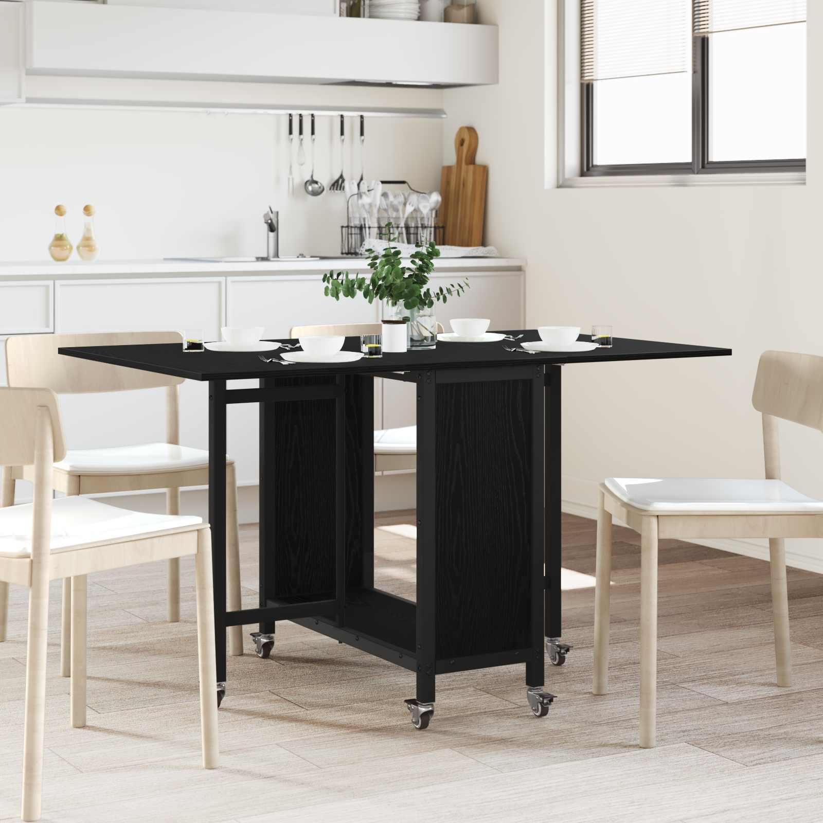 Folding dining table with castors 130 x 80 x 76.5 cm Black Oak