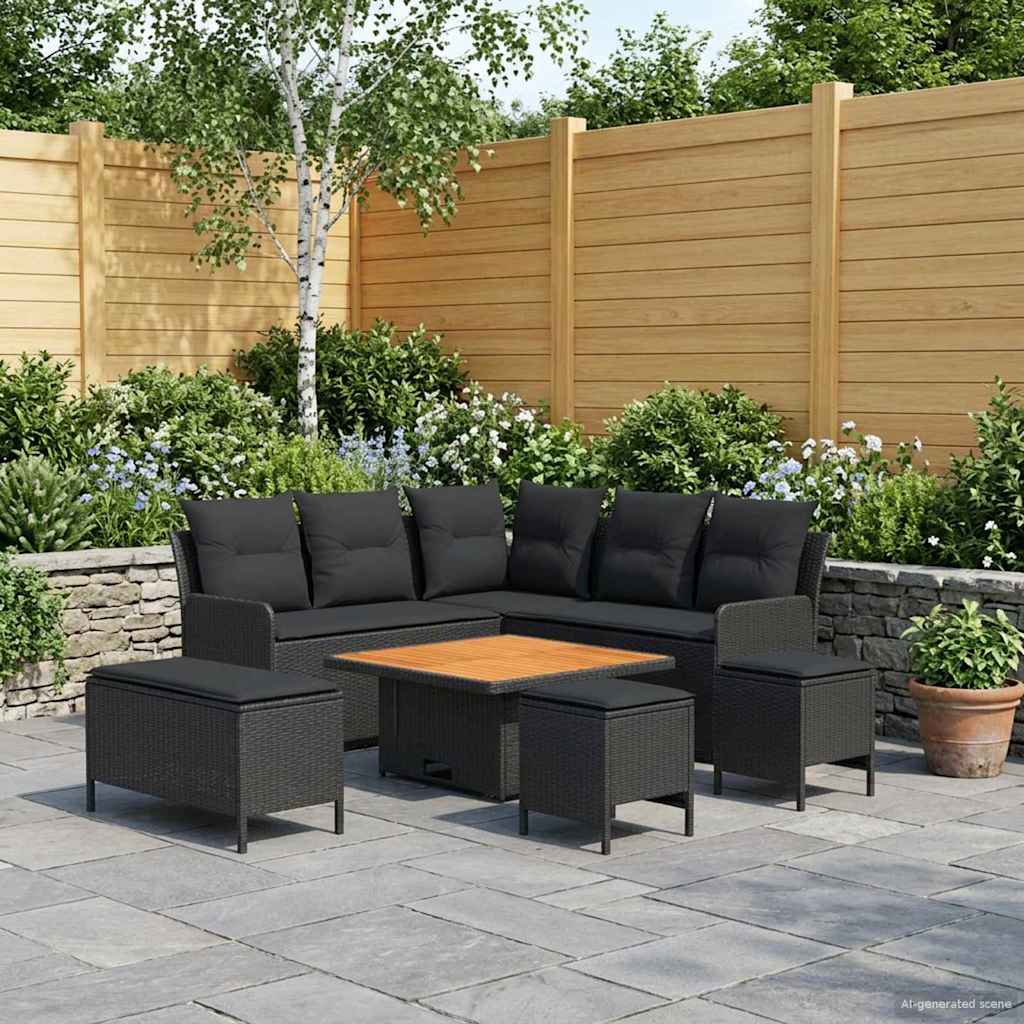 Furniture Sets with Pillow 7 pcs Black PE Rattan
