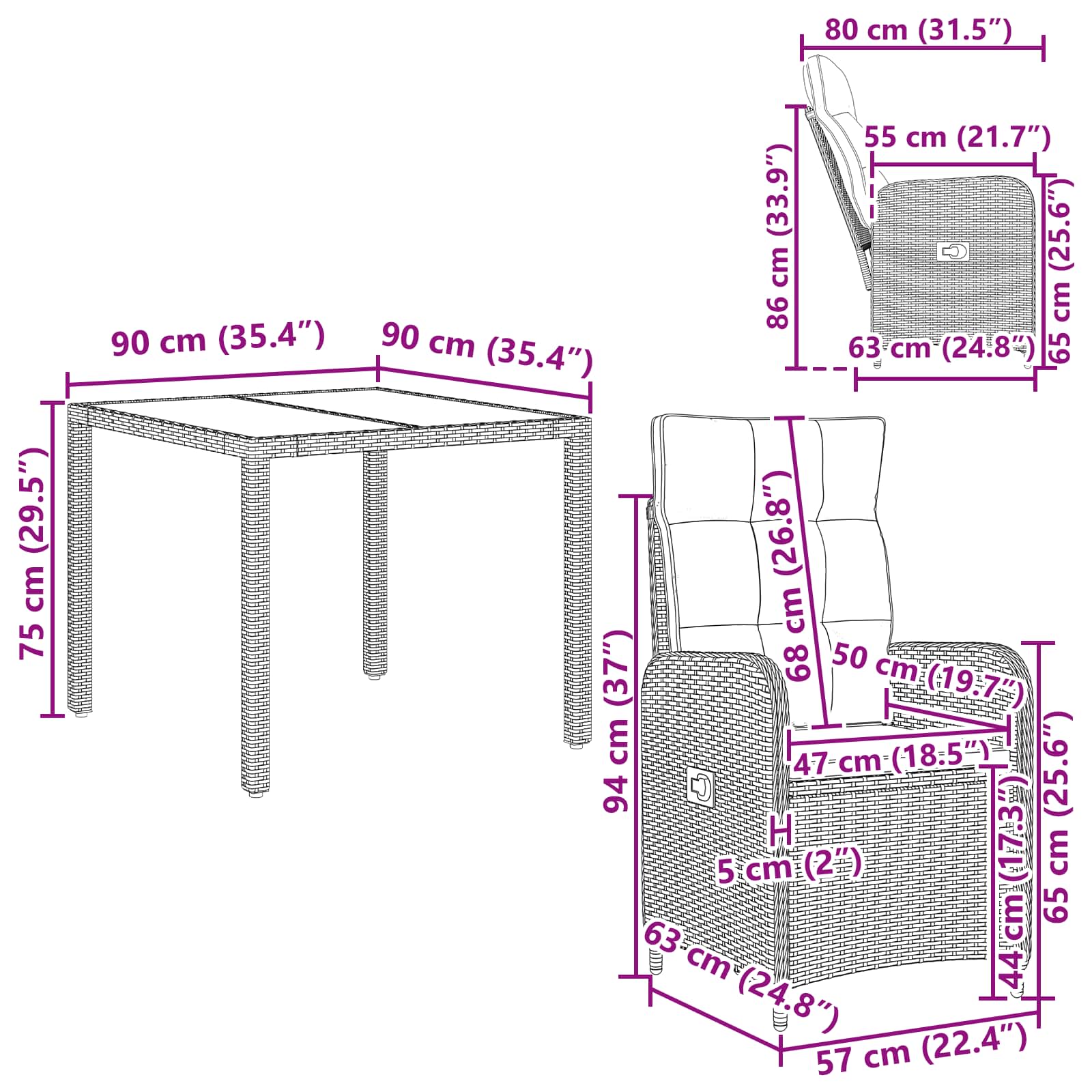Outdoor Dining Set 3 pcs Black 90 x 90 x 75 cm Poly Rattan