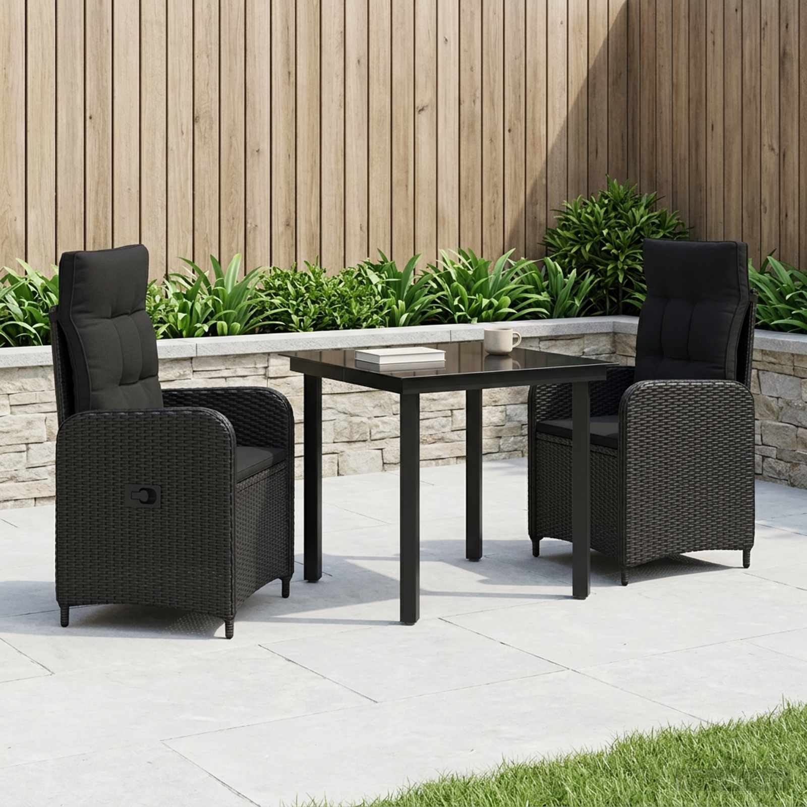 Sofa Table Set 3 pcs Black PE Rattan and Powder-Coated Steel