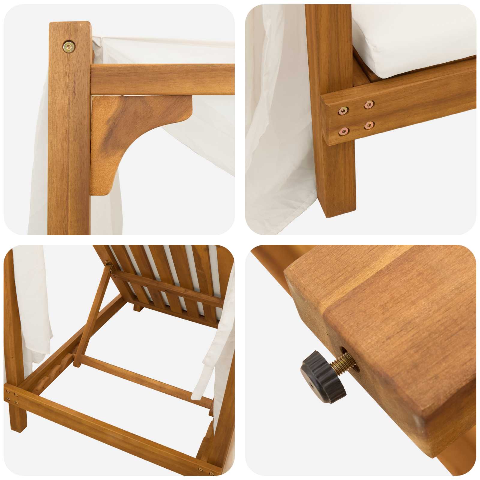 Single Sun Lounger with Canopy and Curtains Solid Acacia Wood