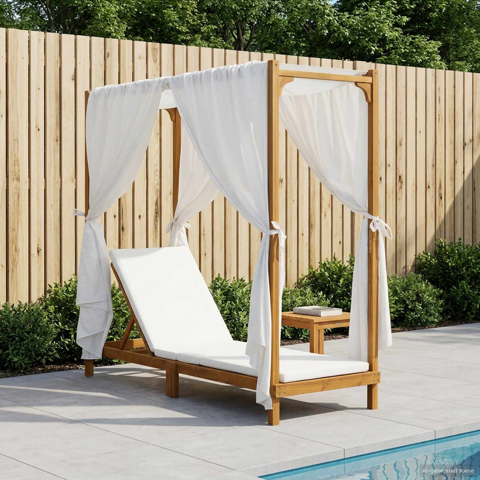 Single Sun Lounger with Canopy and Curtains Solid Acacia Wood