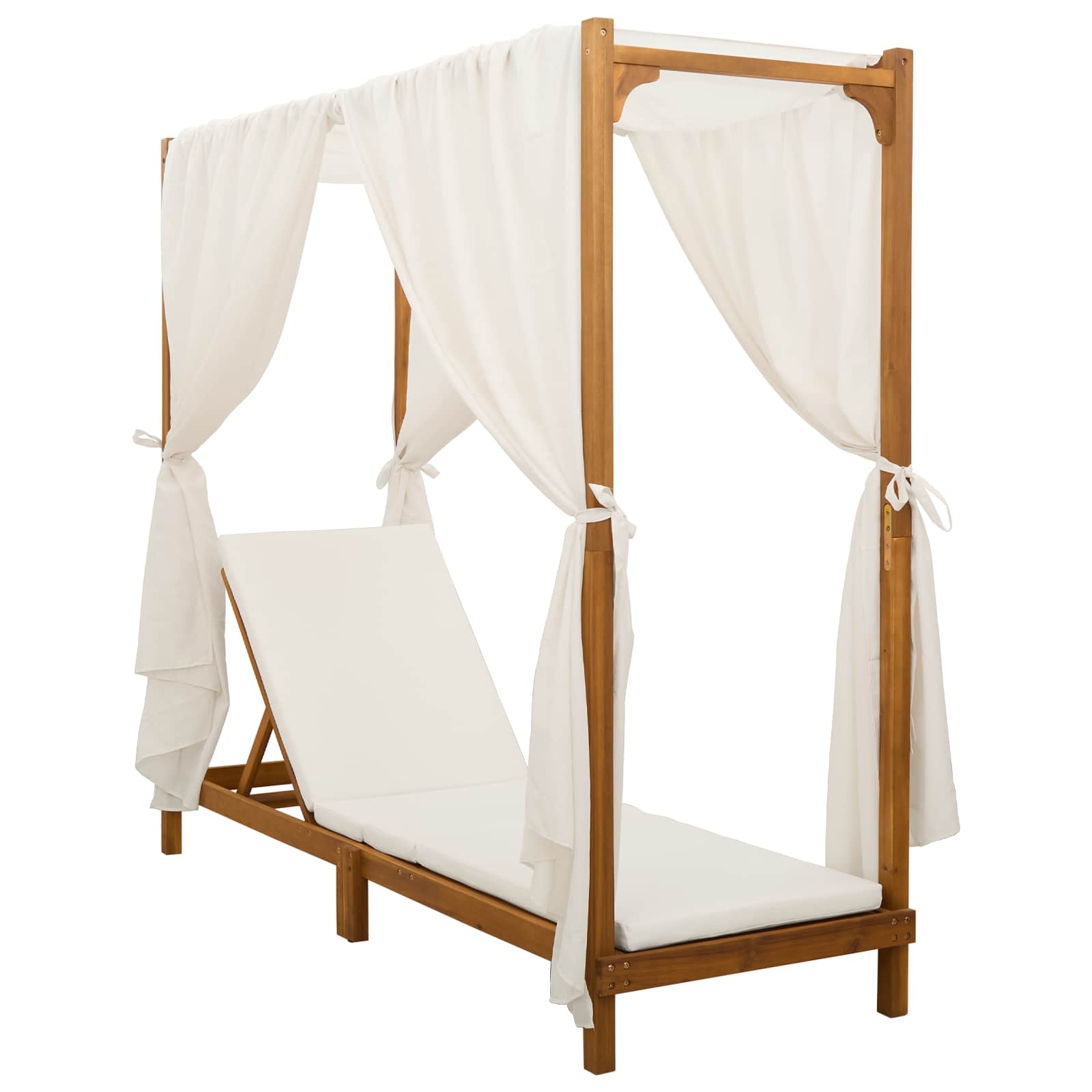 Single Sun Lounger with Canopy and Curtains Solid Acacia Wood