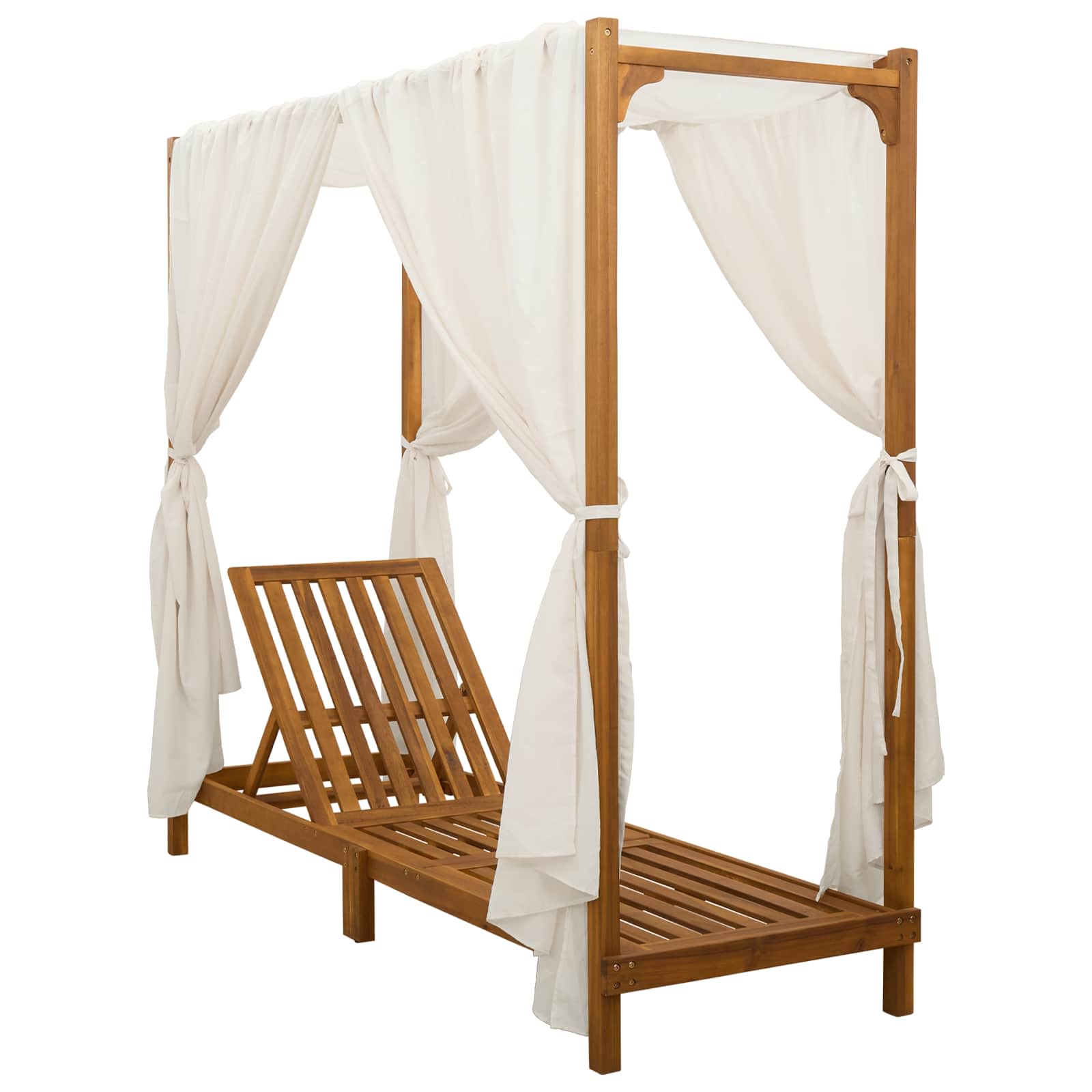 Single Sun Lounger with Canopy and Curtains Solid Acacia Wood
