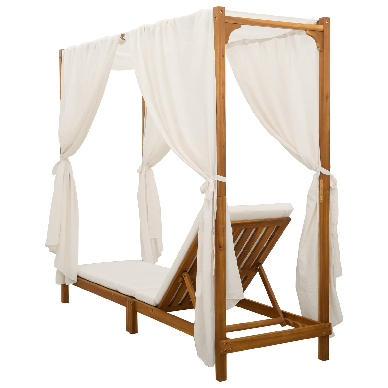 Single Sun Lounger with Canopy and Curtains Solid Acacia Wood