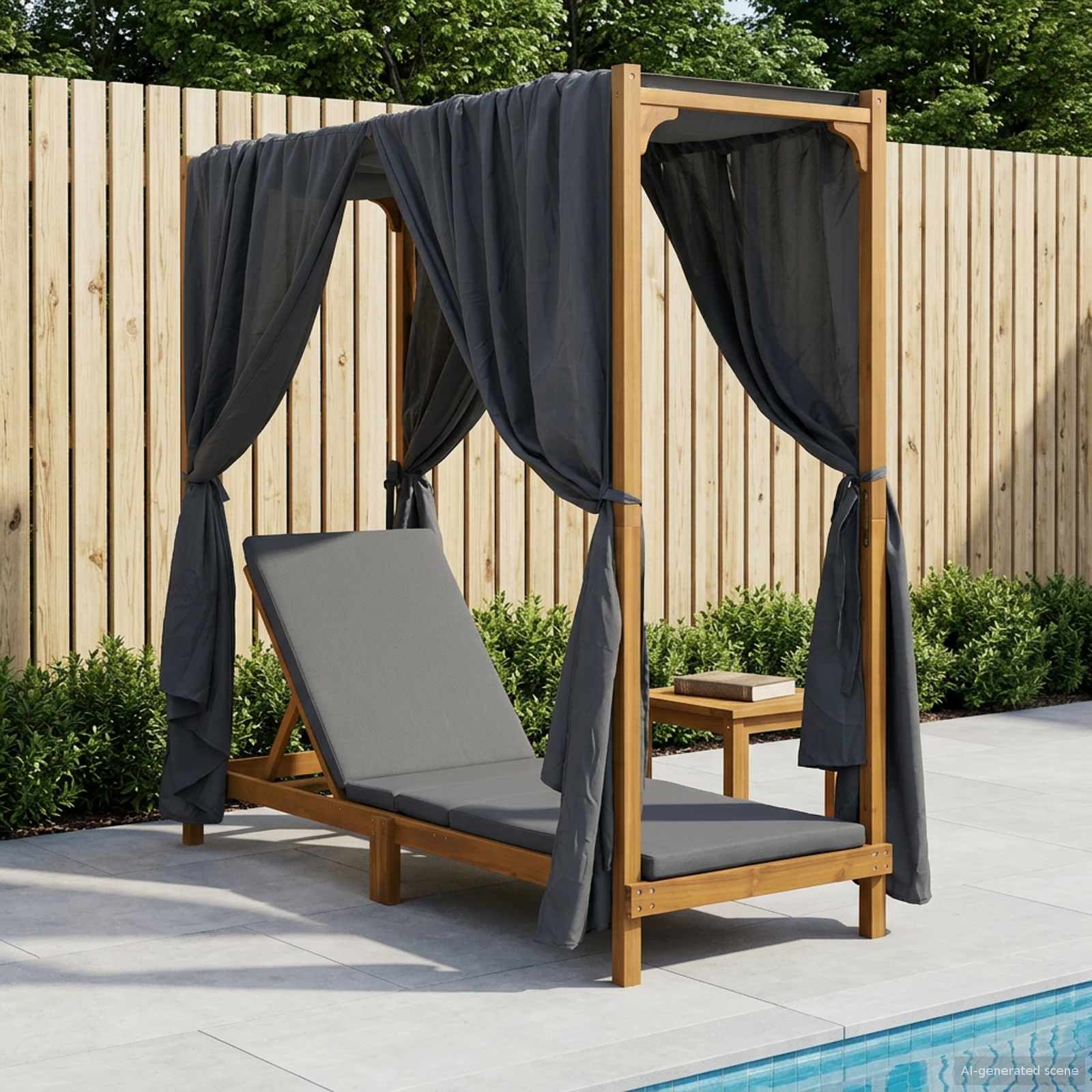 Single Sun Lounger with Canopy and Curtains Solid Acacia Wood