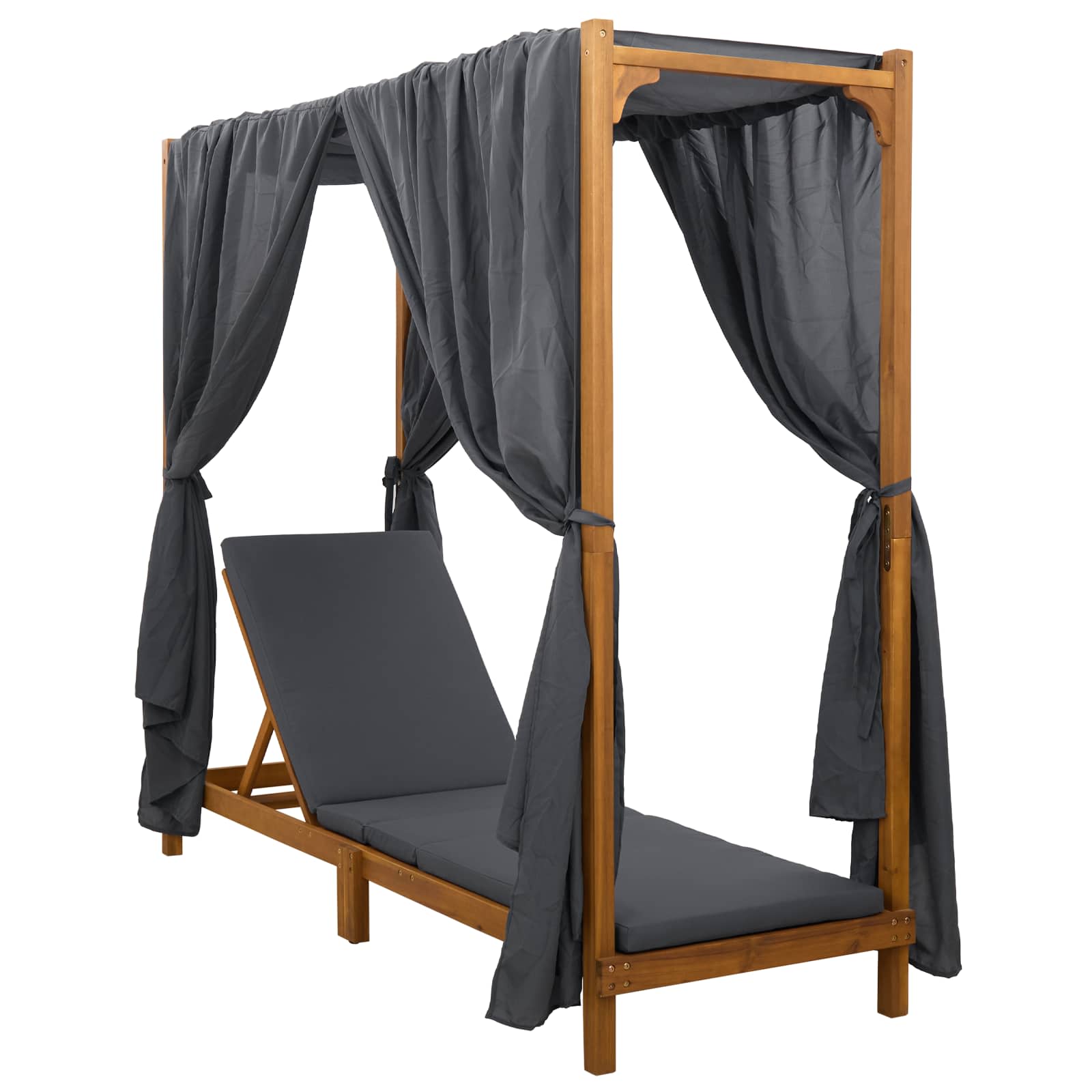 Single Sun Lounger with Canopy and Curtains Solid Acacia Wood