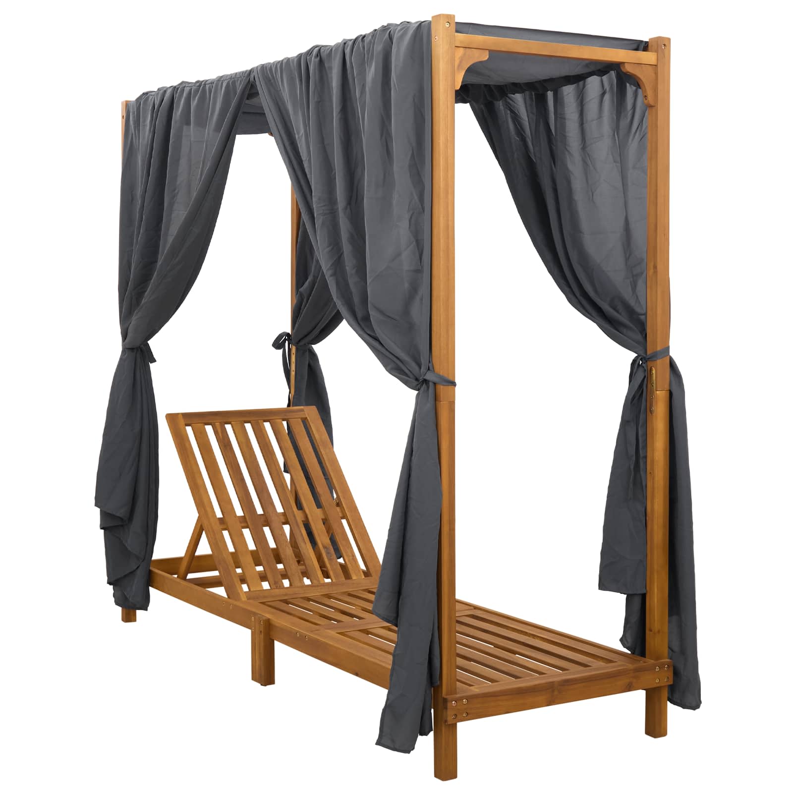 Single Sun Lounger with Canopy and Curtains Solid Acacia Wood