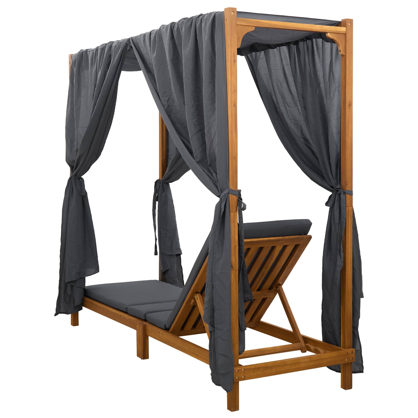 Single Sun Lounger with Canopy and Curtains Solid Acacia Wood