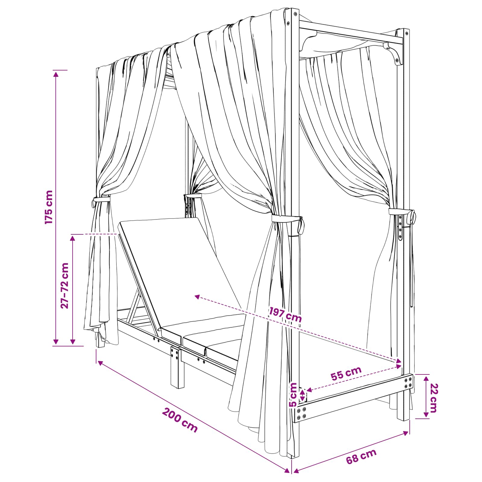 Single Sun Lounger with Canopy and Curtains Solid Acacia Wood