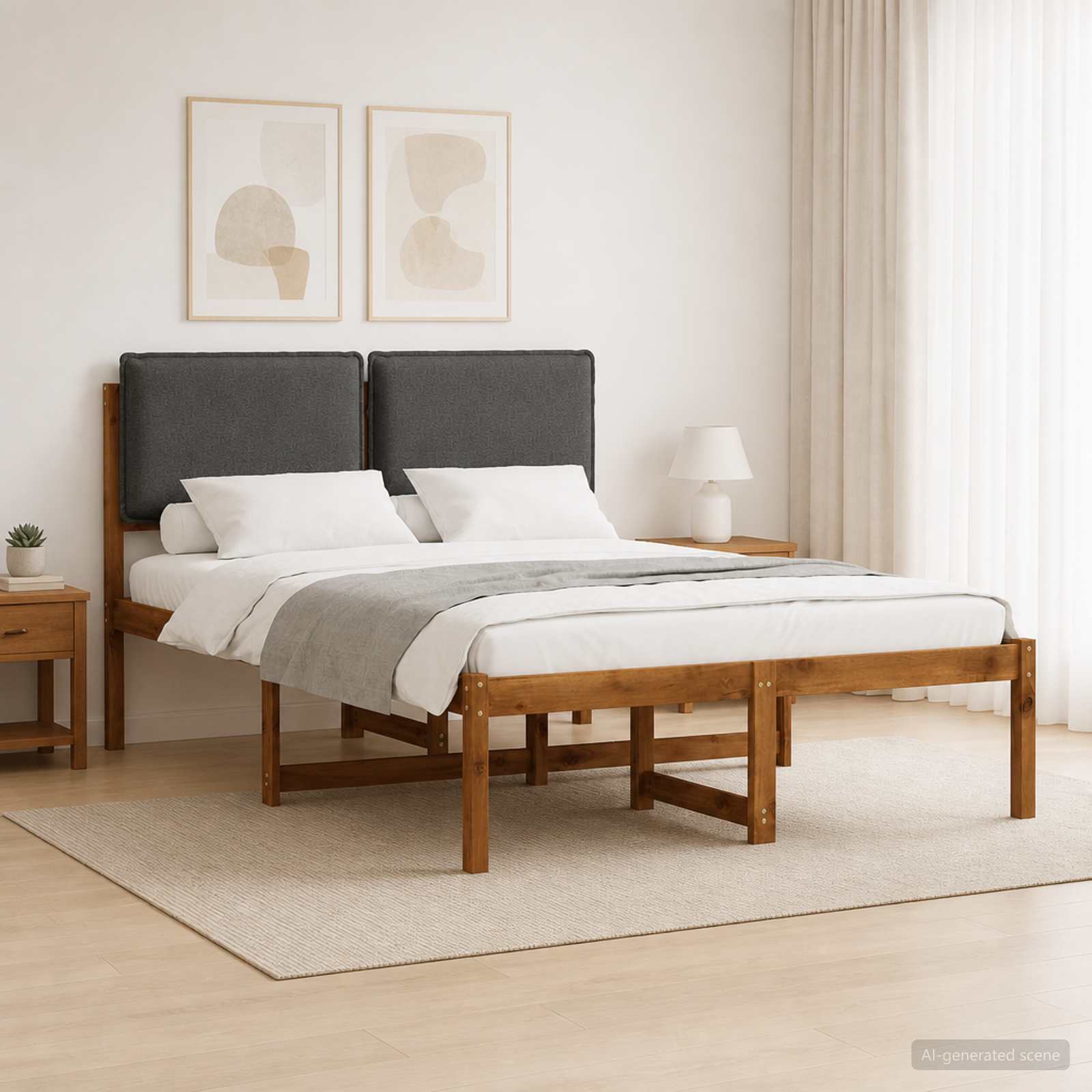 Bed Frame with Upholstered Headboard Natural and Dark Grey