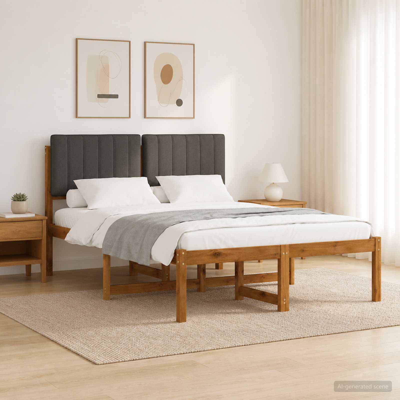 Bed Frame with Upholstered Headboard Natural and Dark Grey