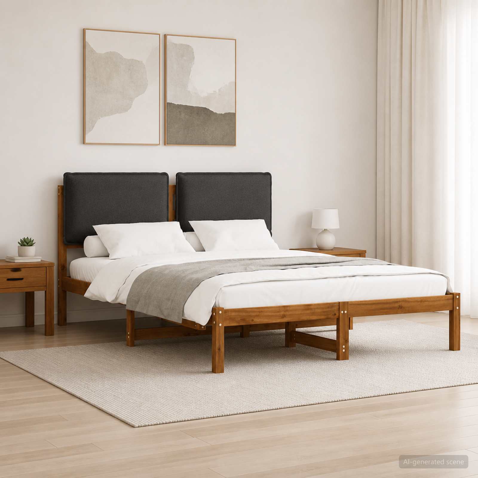 Bed Frame with Upholstered Headboard Natural and Dark Grey