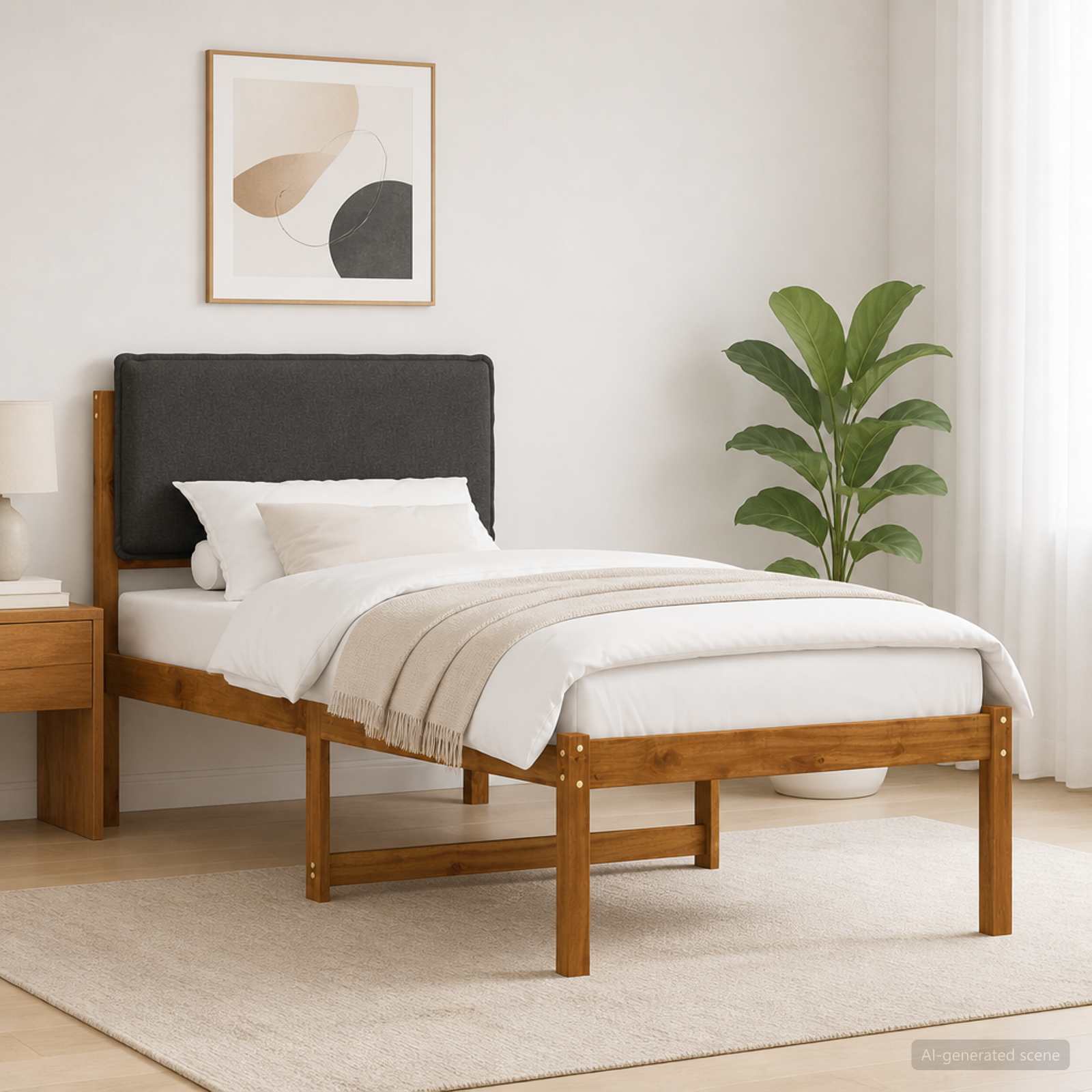 Bed Frame with Upholstered Headboard Natural and Dark Grey