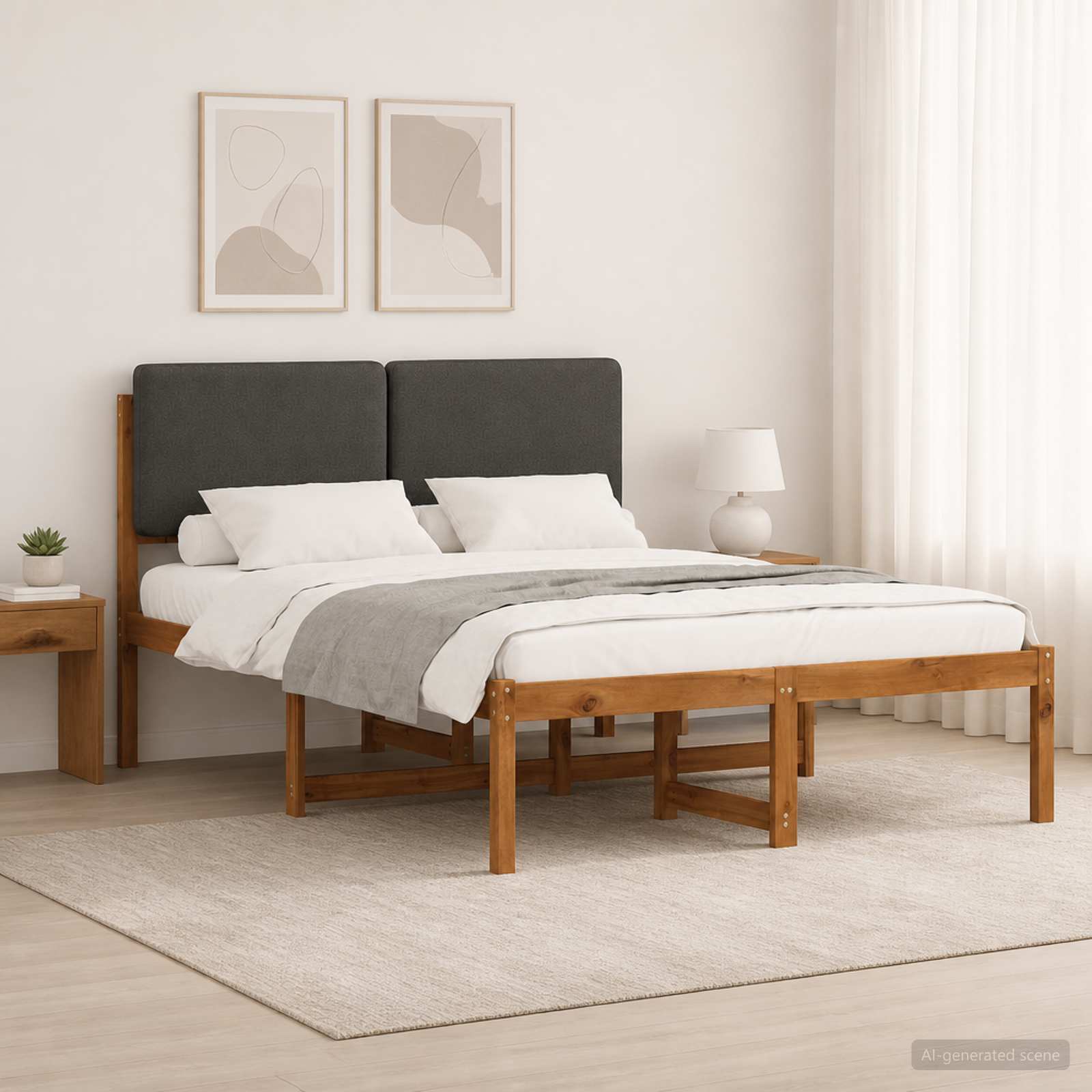 Bed Frame with Upholstered Headboard Natural and Dark Grey