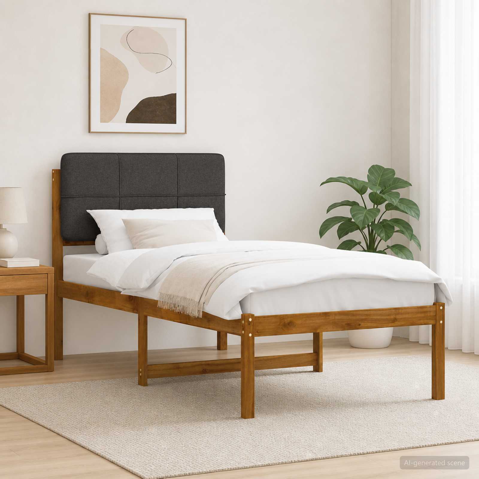 Bed Frame with Upholstered Headboard Natural and Dark Grey