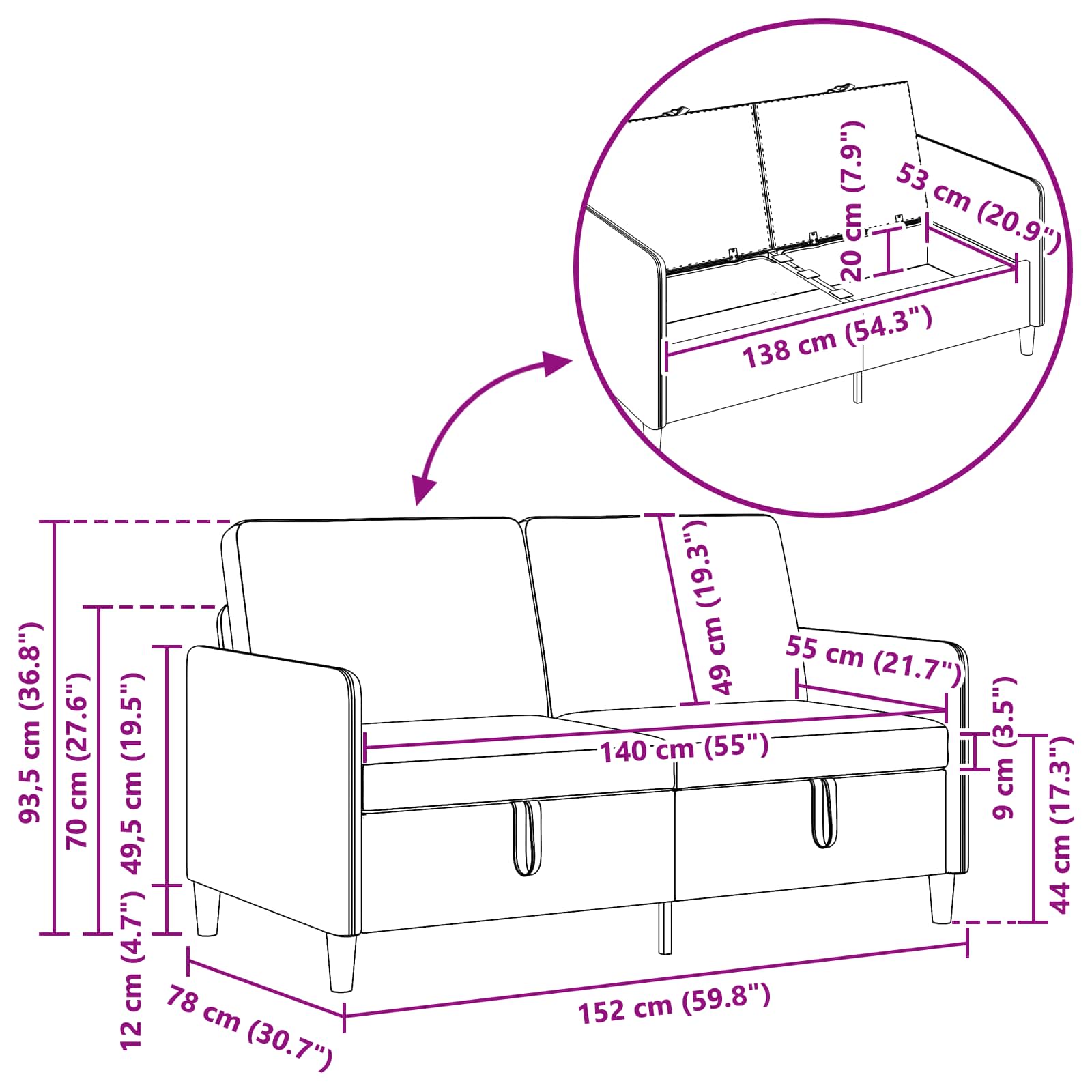 Sofa with Storage Dark Grey 152 x 78 x 87 cm Polyester