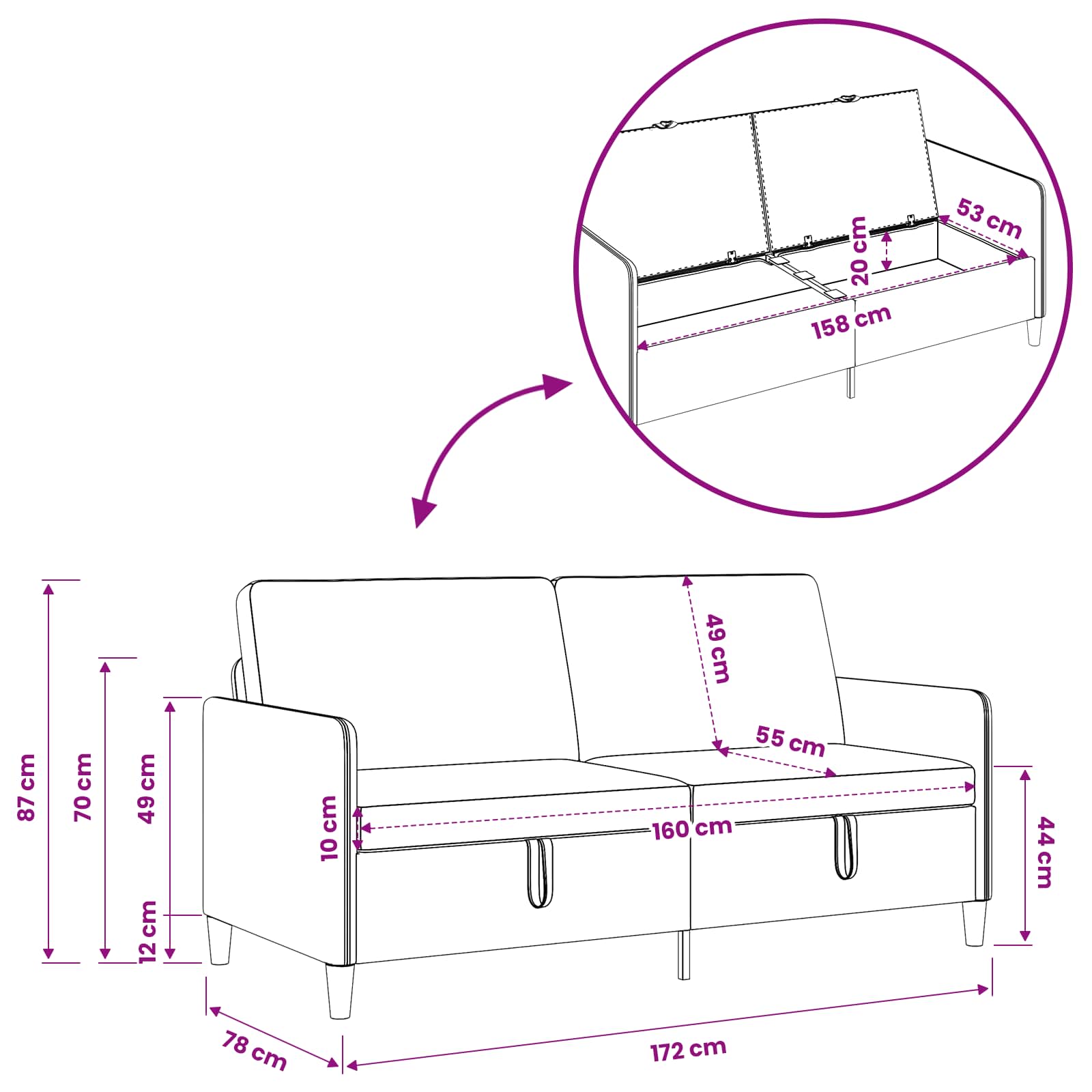 Sofa with Storage Black 172 x 78 x 87 cm Polyester