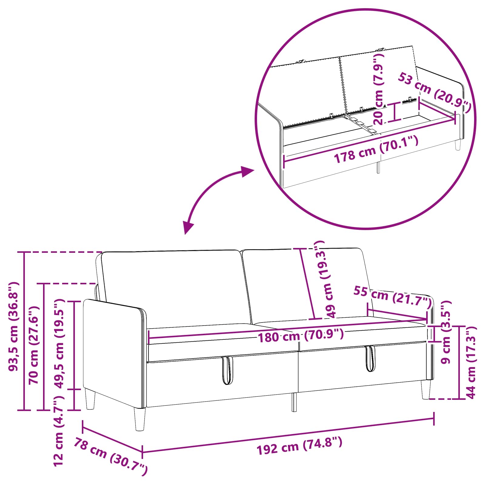Sofa with Storage Dark Grey 192 x 78 x 87 cm Polyester