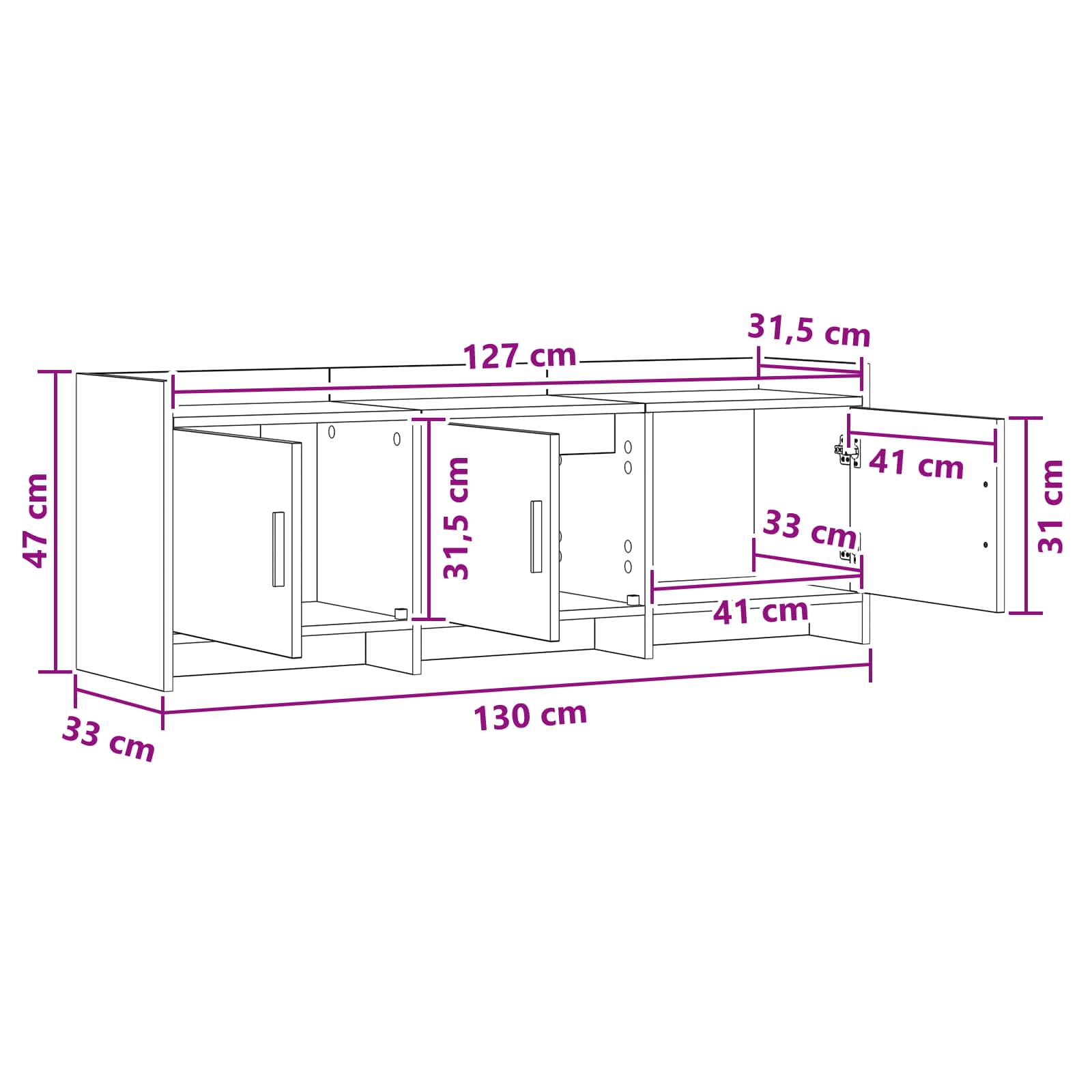 TV Cabinet 130 x 33 x 47 cm White Engineered Wood