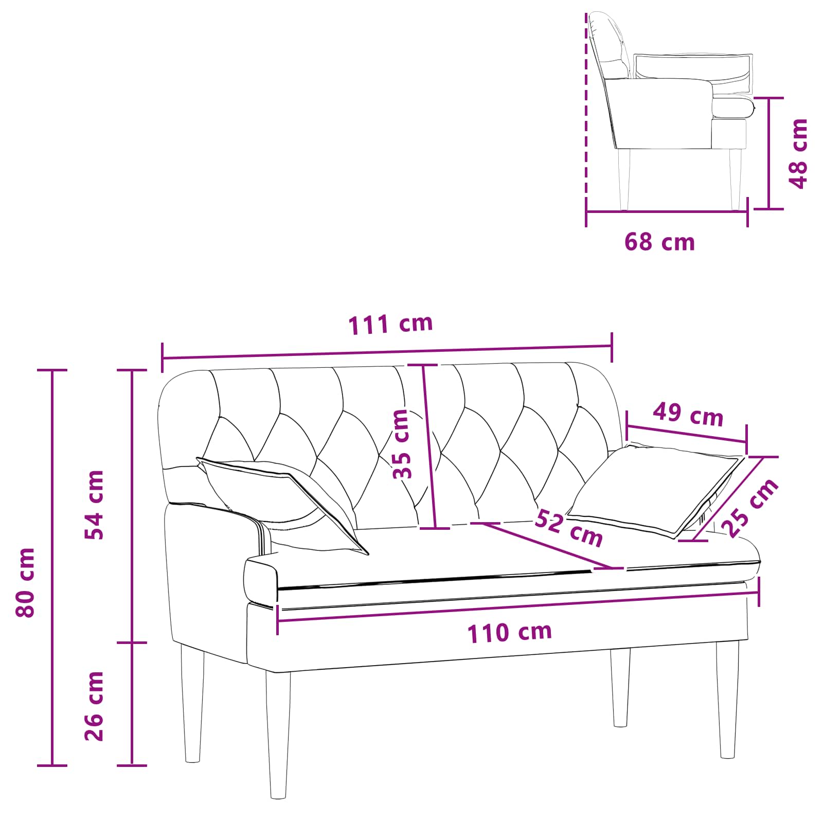 Loveseat with button tufted Black 111 x 68 x 80 cm Fabric