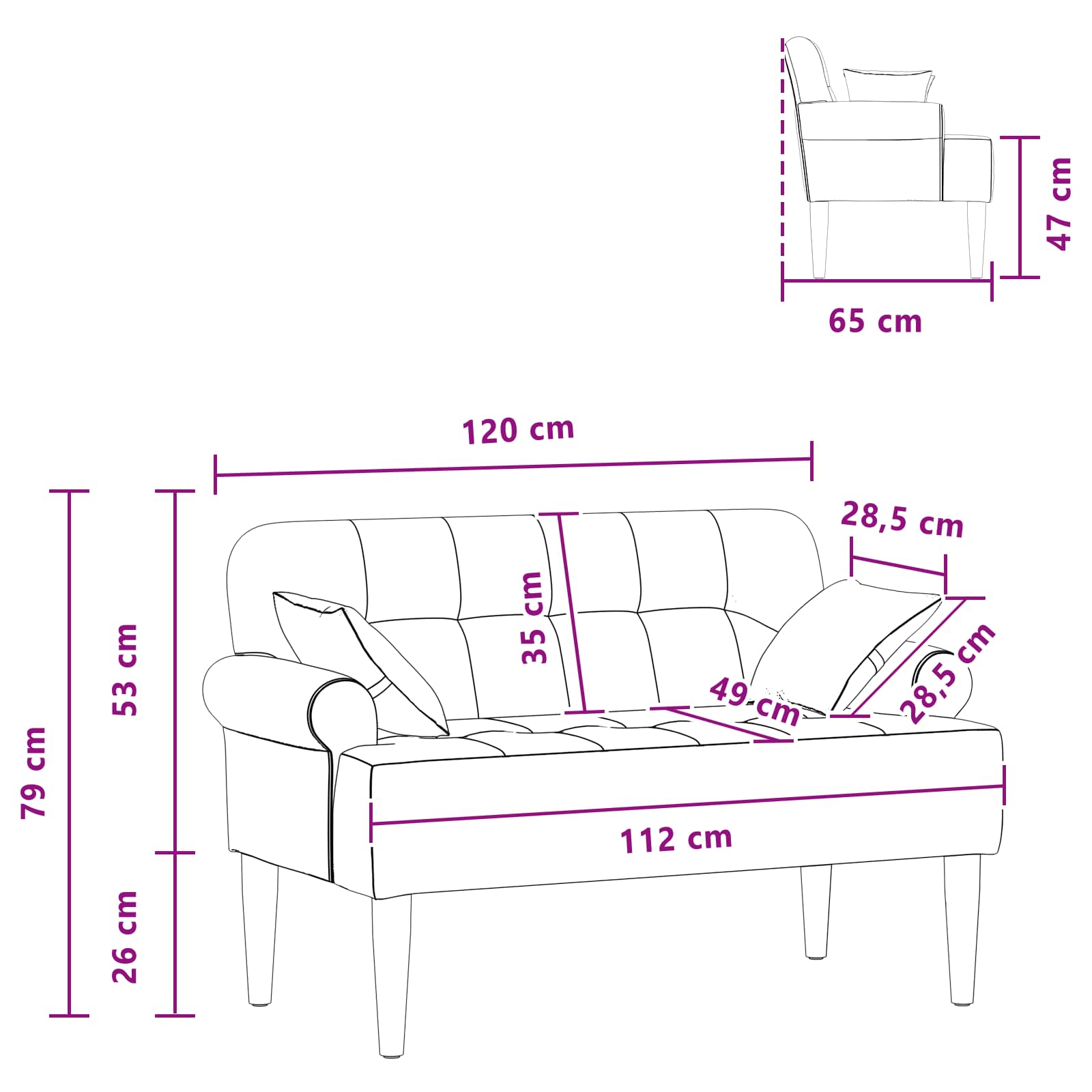 Loveseat with button tufted Dark Grey 120 x 65 x 79 cm Fabric