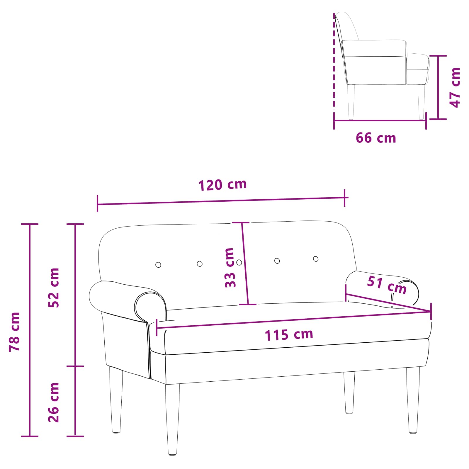 Loveseat with button tufted Dark Grey 120 x 66 x 78 cm Velvet